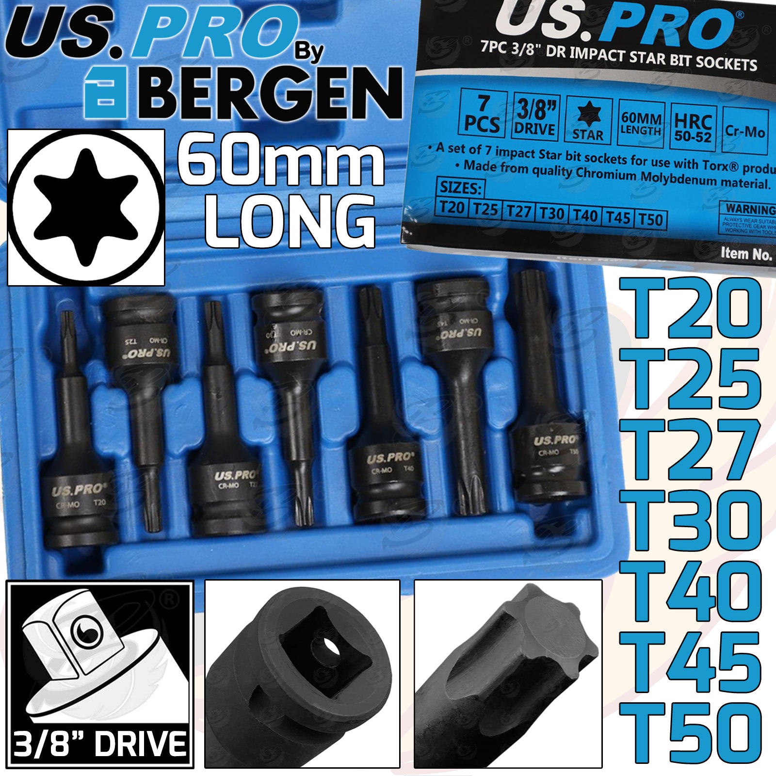 US PRO 7PCS 3/8" DRIVE IMPACT TORX BIT SOCKETS T20 - T50