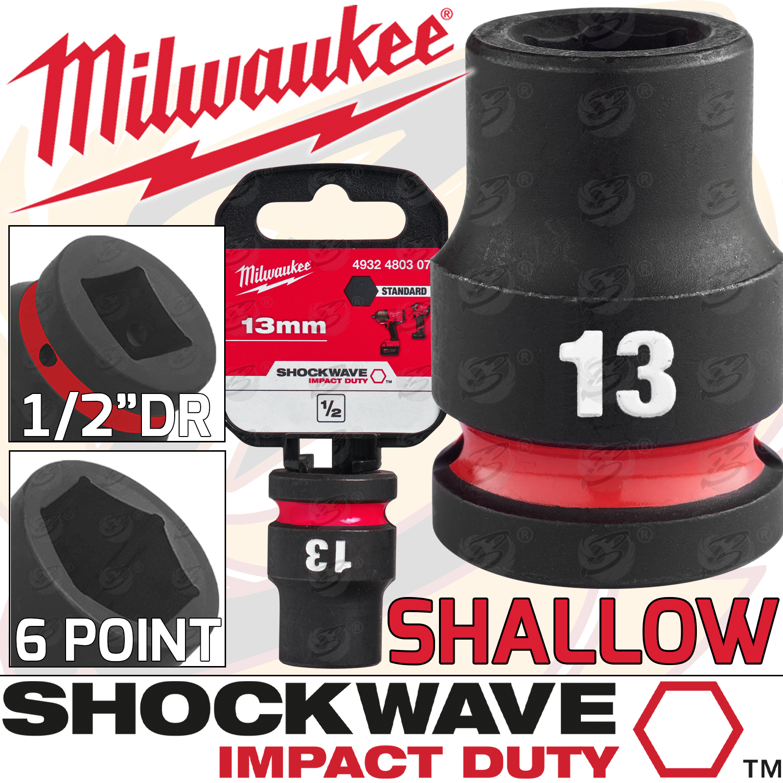 Milwaukee 13mm 1/2" Drive 6 Point Shallow Impact Socket ( Single ) ( 4932480307 )
