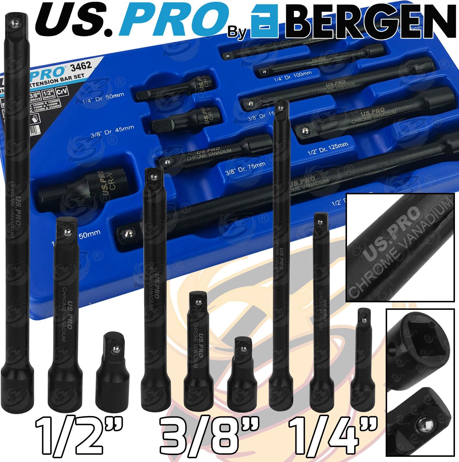 US Pro 9 Piece 1/4" & 3/8" & 1/2" Drive Impact Extension Bars ( 3462 )