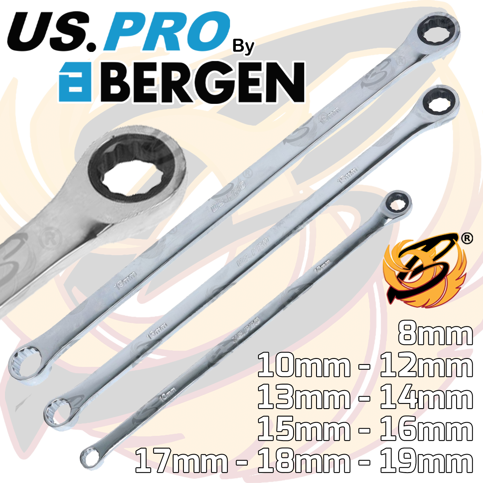 US Pro 10 Piece Extra Long Double Ring Single Gear Ratchet Set ( 7617 )