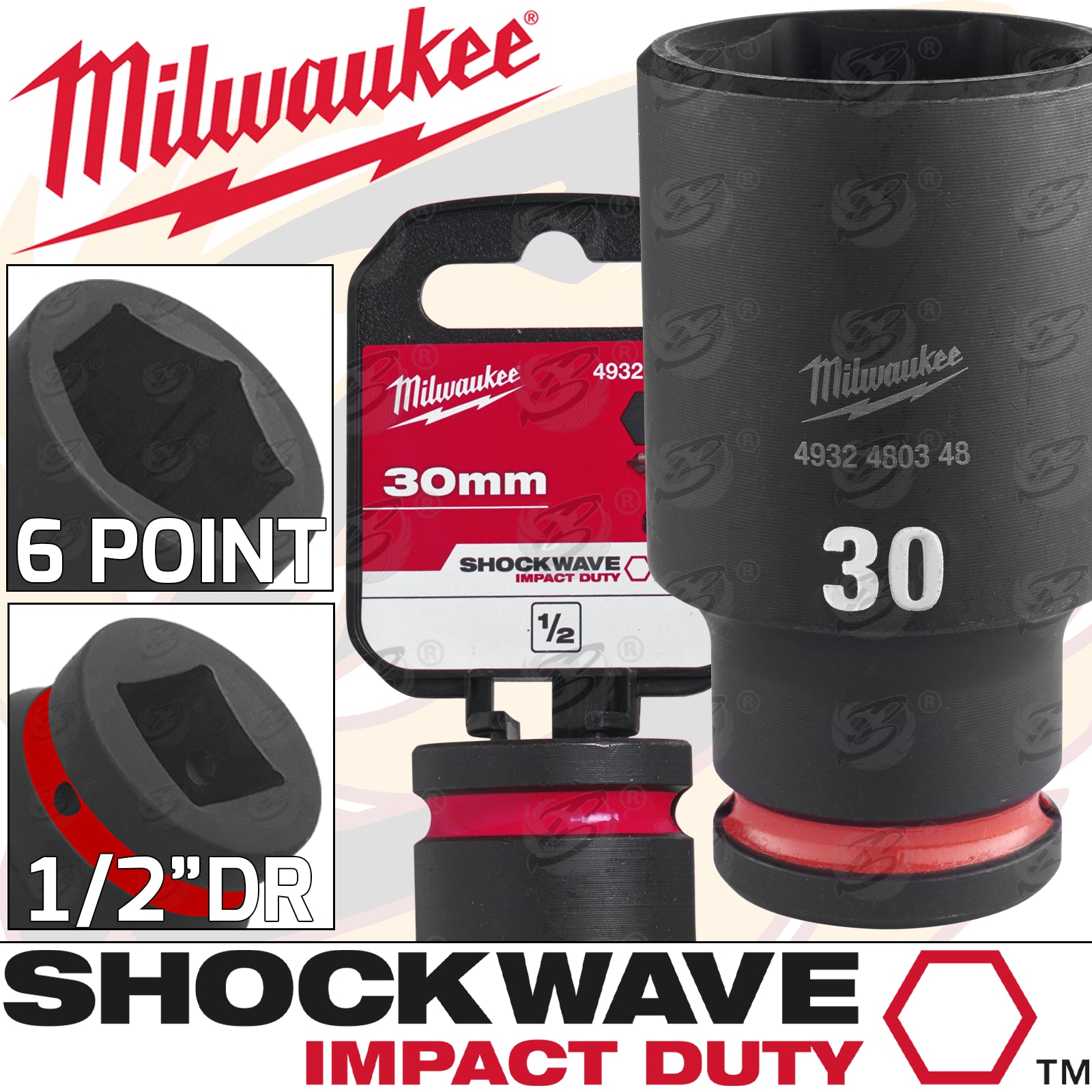 MILWAUKEE 30MM 1/2" DRIVE 6 POINT DEEP IMPACT SOCKET ( SINGLE )
