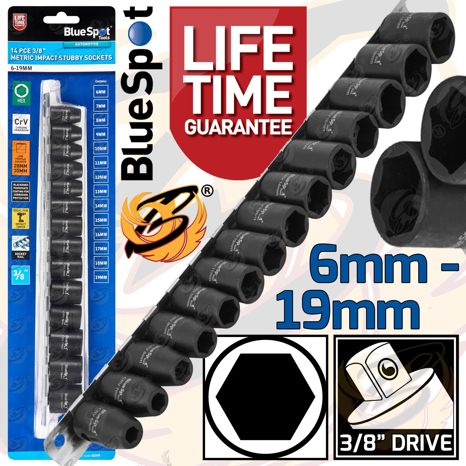 BLUESPOT 14 PCE 3/8" METRIC IMPACT STUBBY SOCKETS (6-19MM)