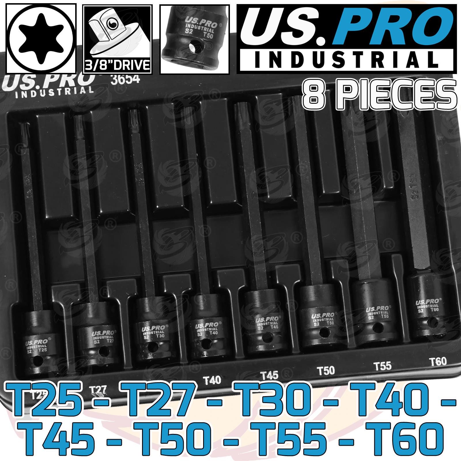 US Pro Industrial 8 Piece 3/8" Drive Extra Long Impact Torx Bit Sockets T25 - T60 3654