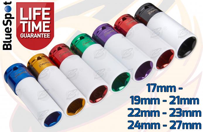 BLUESPOT 1/2" DRIVE 24" LONG BREAKER BAR & 7PCS 6 POINT ALLOY WHEEL NUT SOCKETS 17MM - 27MM