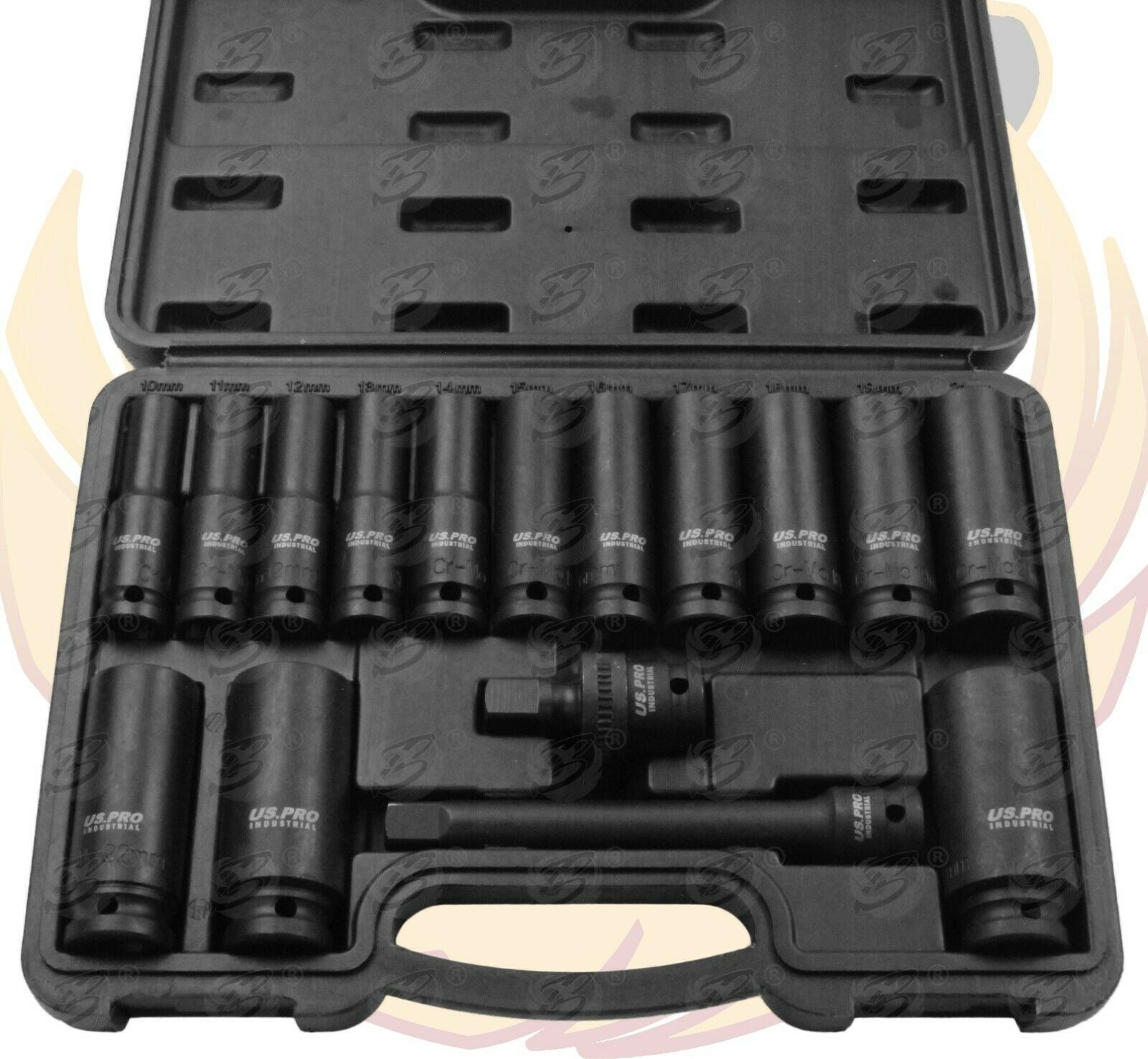 US PRO INDUSTRIAL 16PCS 1/2" DRIVE 6 POINT DEEP IMPACT SOCKETS & EXTENSIONS 10MM - 27MM