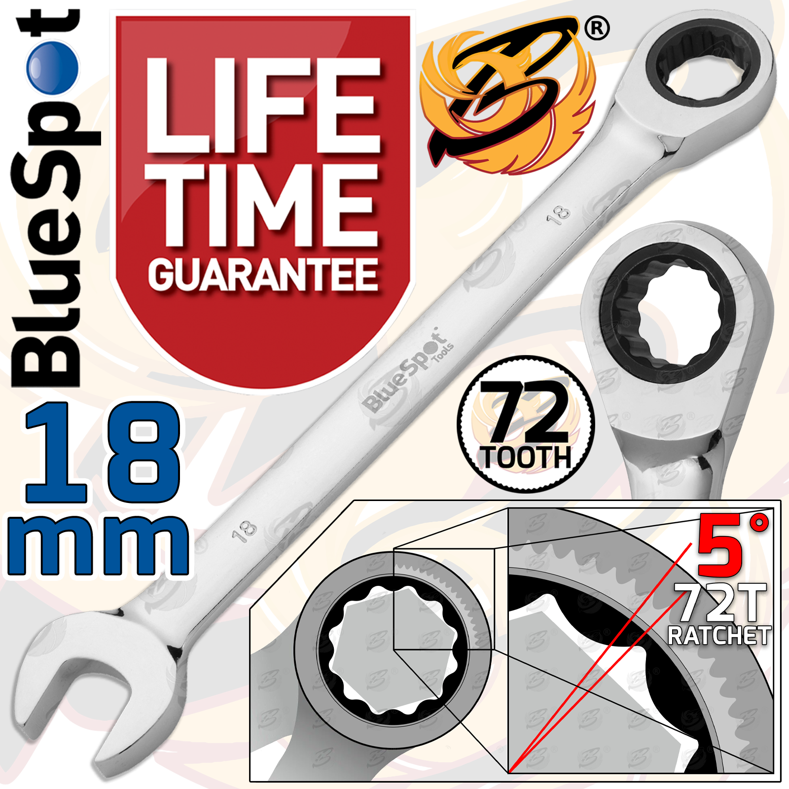 BlueSpot 18mm 72 Tooth Ratchet Spanner ( Single ) 05126