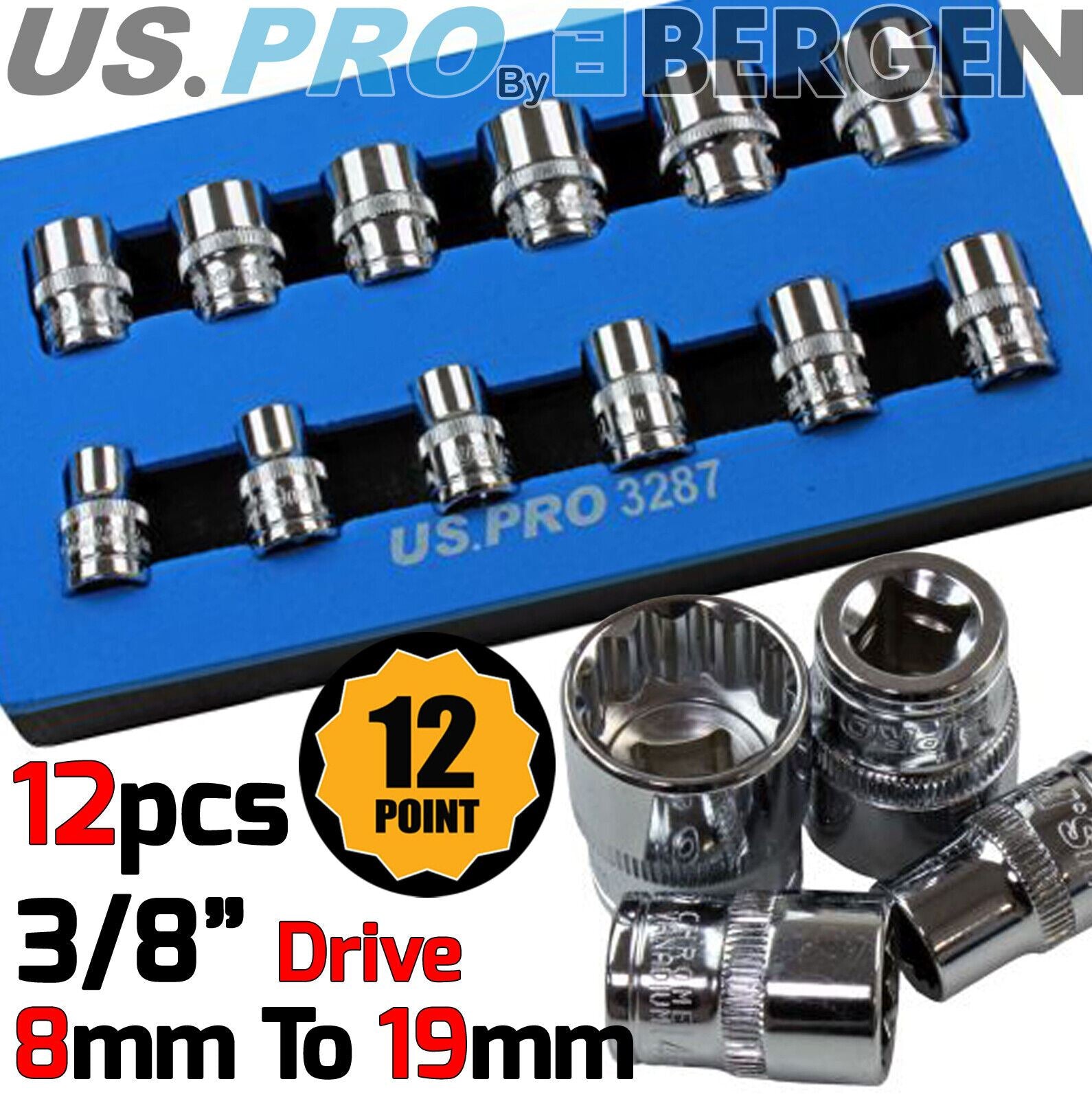 US Pro 12 Piece 3/8" Drive 12 Point Shallow Sockets 8mm - 19mm 3287