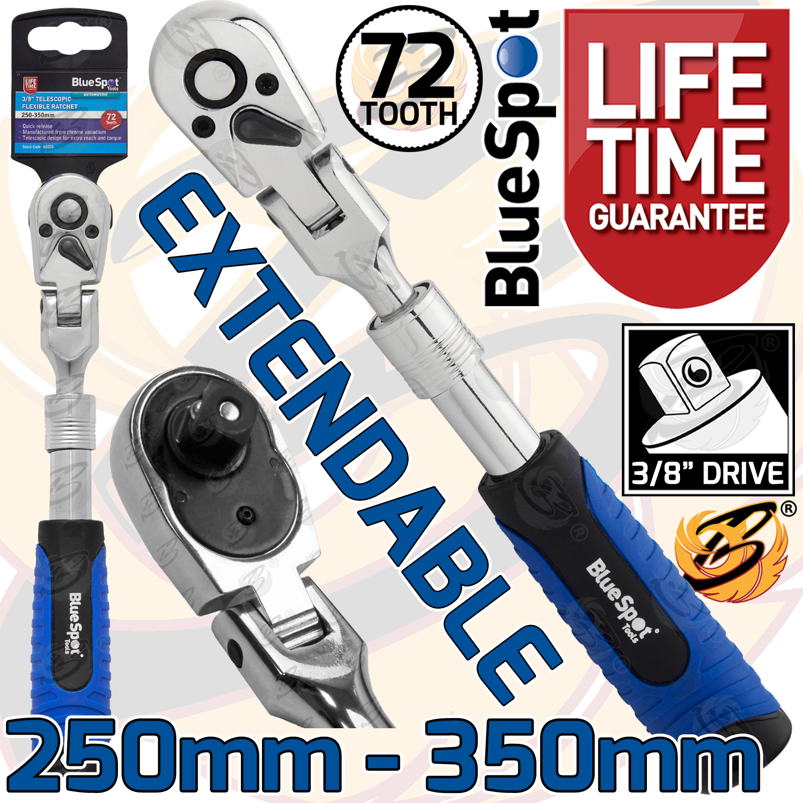 BlueSpot 3/8" Drive 72 Tooth Extendable Flexible Ratchet Handle ( 250mm - 350mm ) ( 02031 )