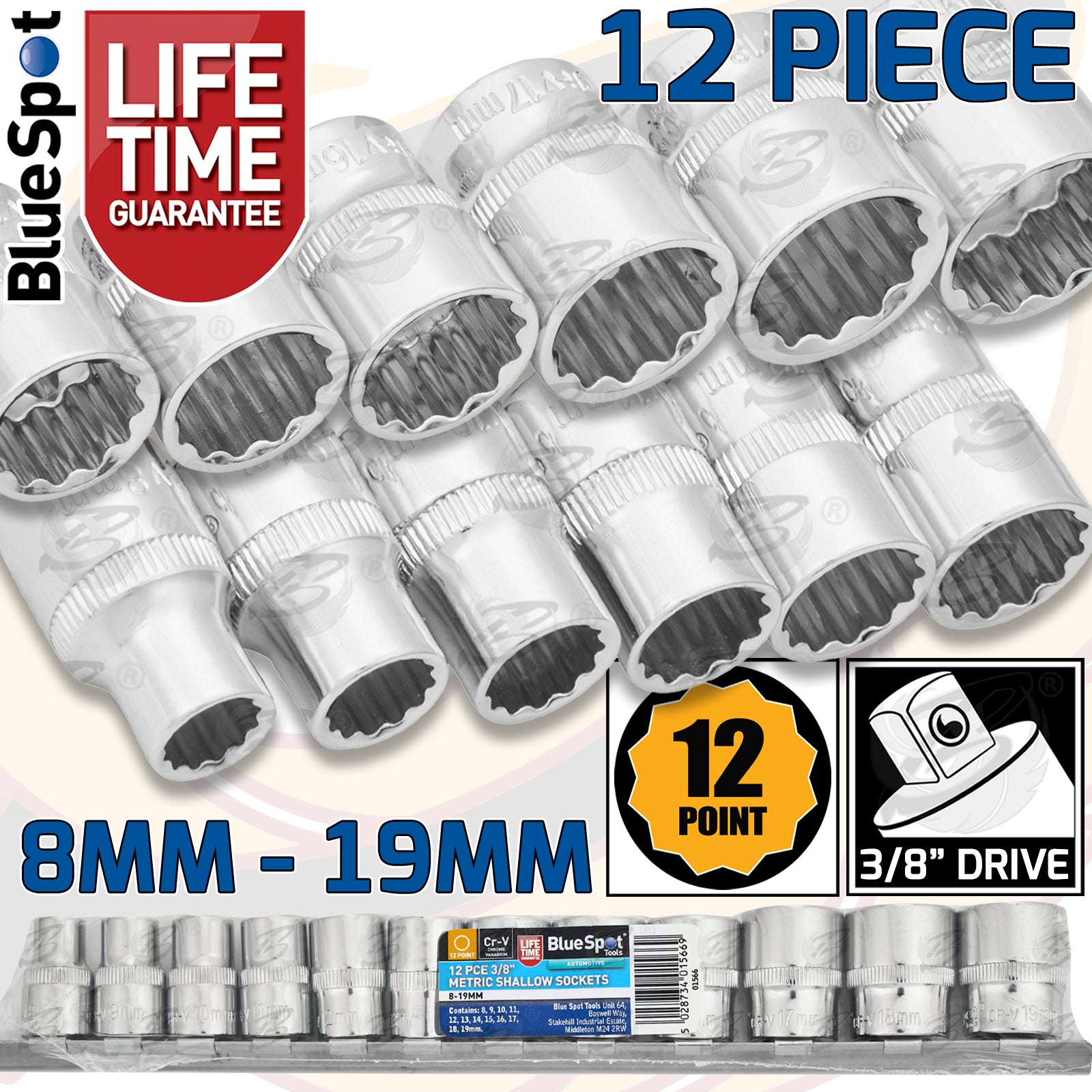 BLUESPOT 12PCS 3/8" DRIVE 12 POINT SHALLOW SOCKETS 8MM - 19MM