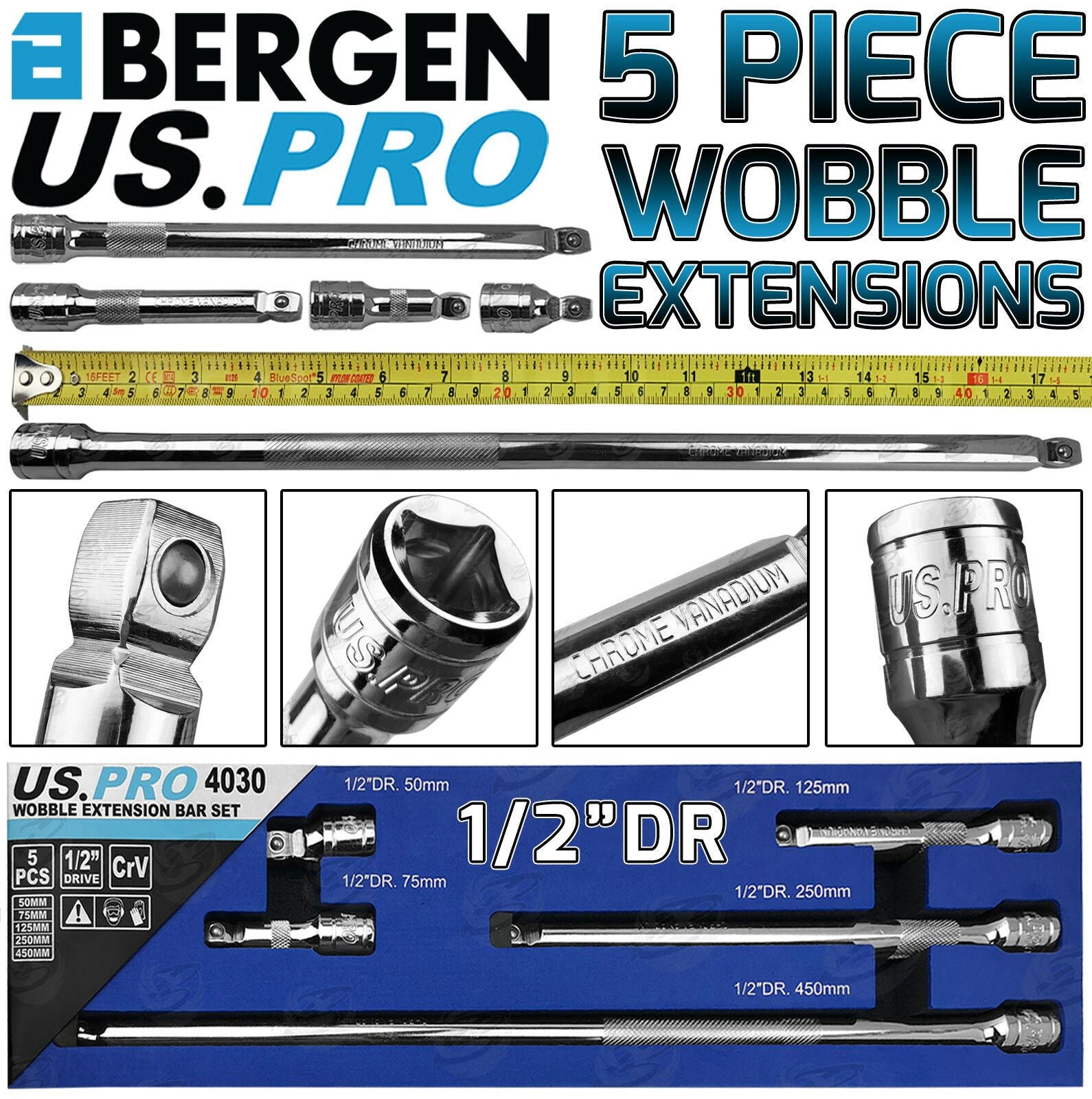 US PRO 5PCS 1/2" DRIVE WORBBLE EXTENSION BAR SET