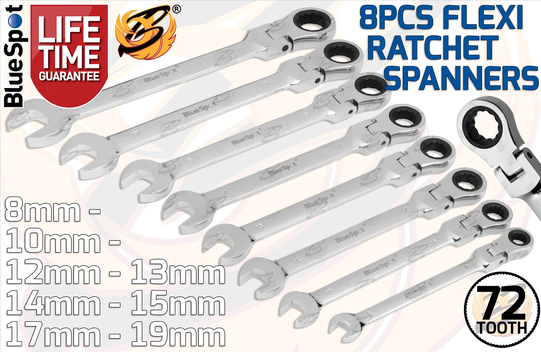 BLUESPOT 8PCS FLEXIBLE RATCHET SPANNER SET 8MM - 19MM