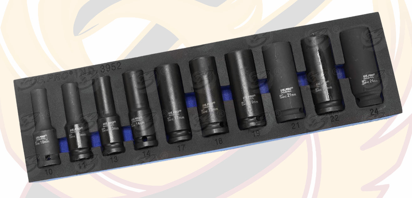 US PRO INDUSTRIAL 10PCS 1/2" DRIVE 6 POINT DEEP IMPACT SOCKETS 10MM - 24MM