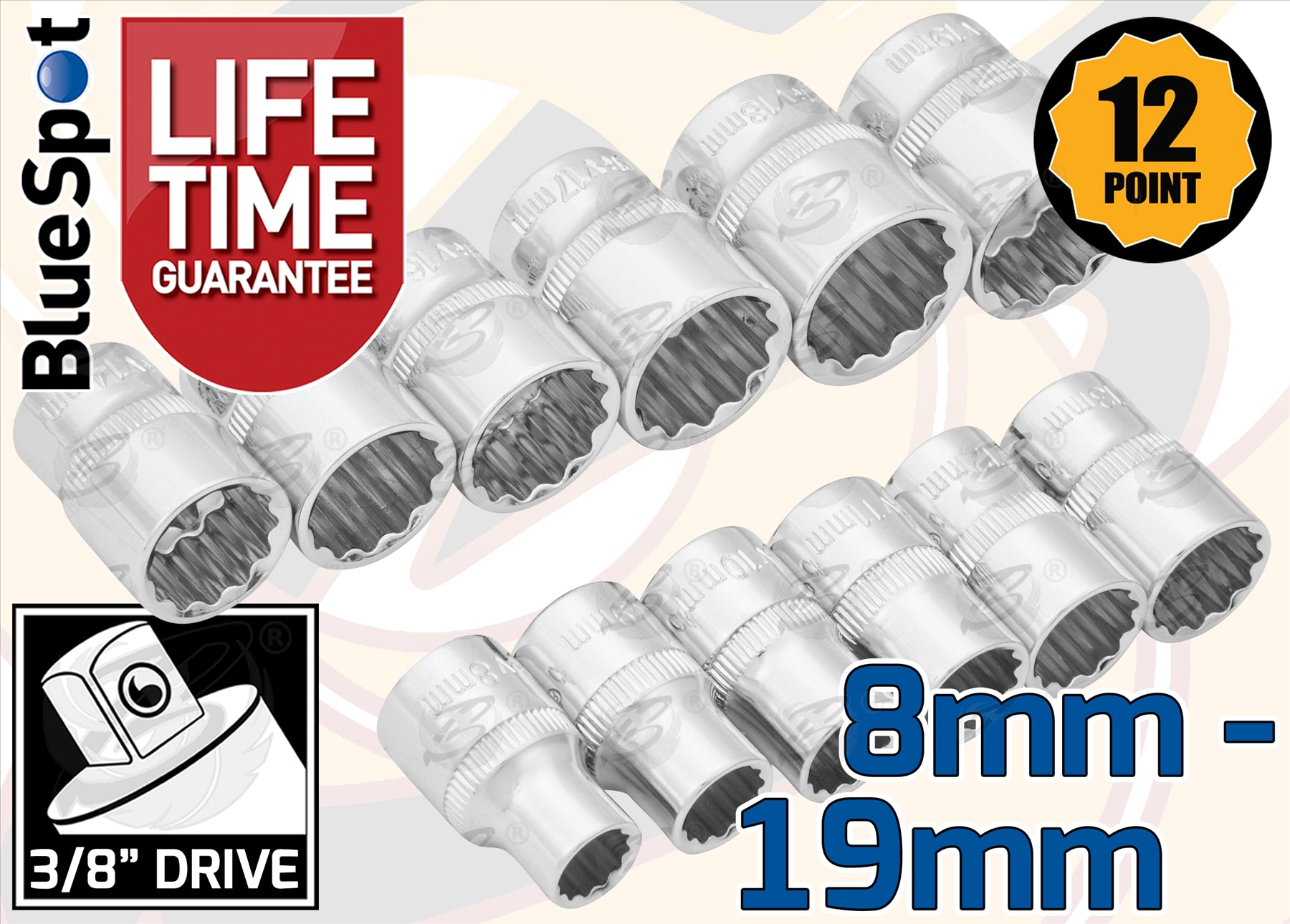 BLUESPOT 12PCS 3/8" DRIVE 12 POINT SHALLOW SOCKETS 8MM - 19MM