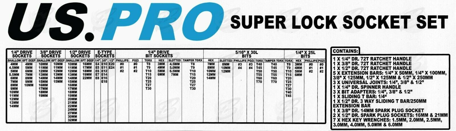 US PRO 171PCS 1/4" & 3/8" & 1/2" DRIVE SOCKET & BIT SET 4MM - 32MM