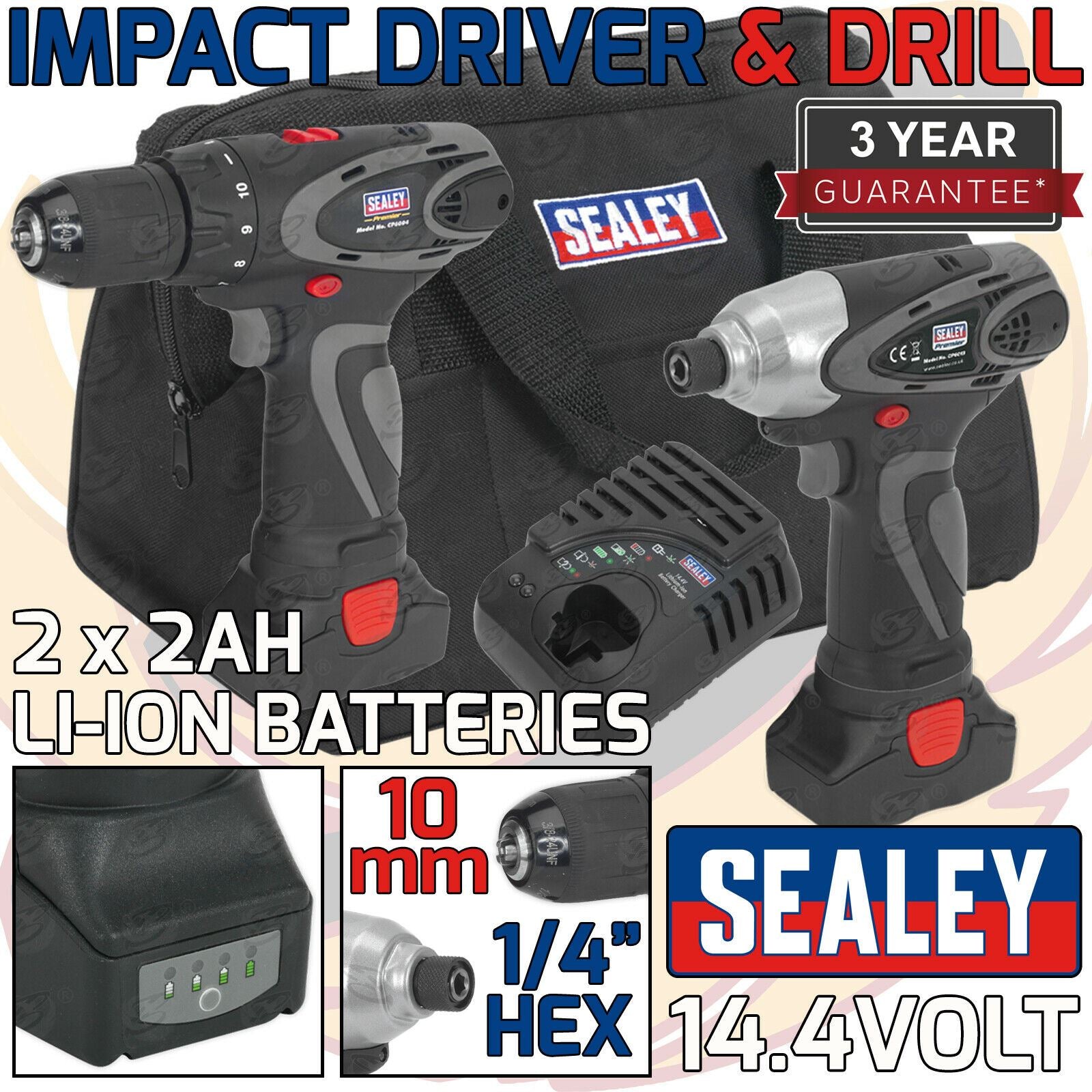 SEALEY 14.4V CORDLESS COMBO KIT DRILL & IMPACT DRIVER 117NM 2AH LITHIUM ION x2 BATTERIES