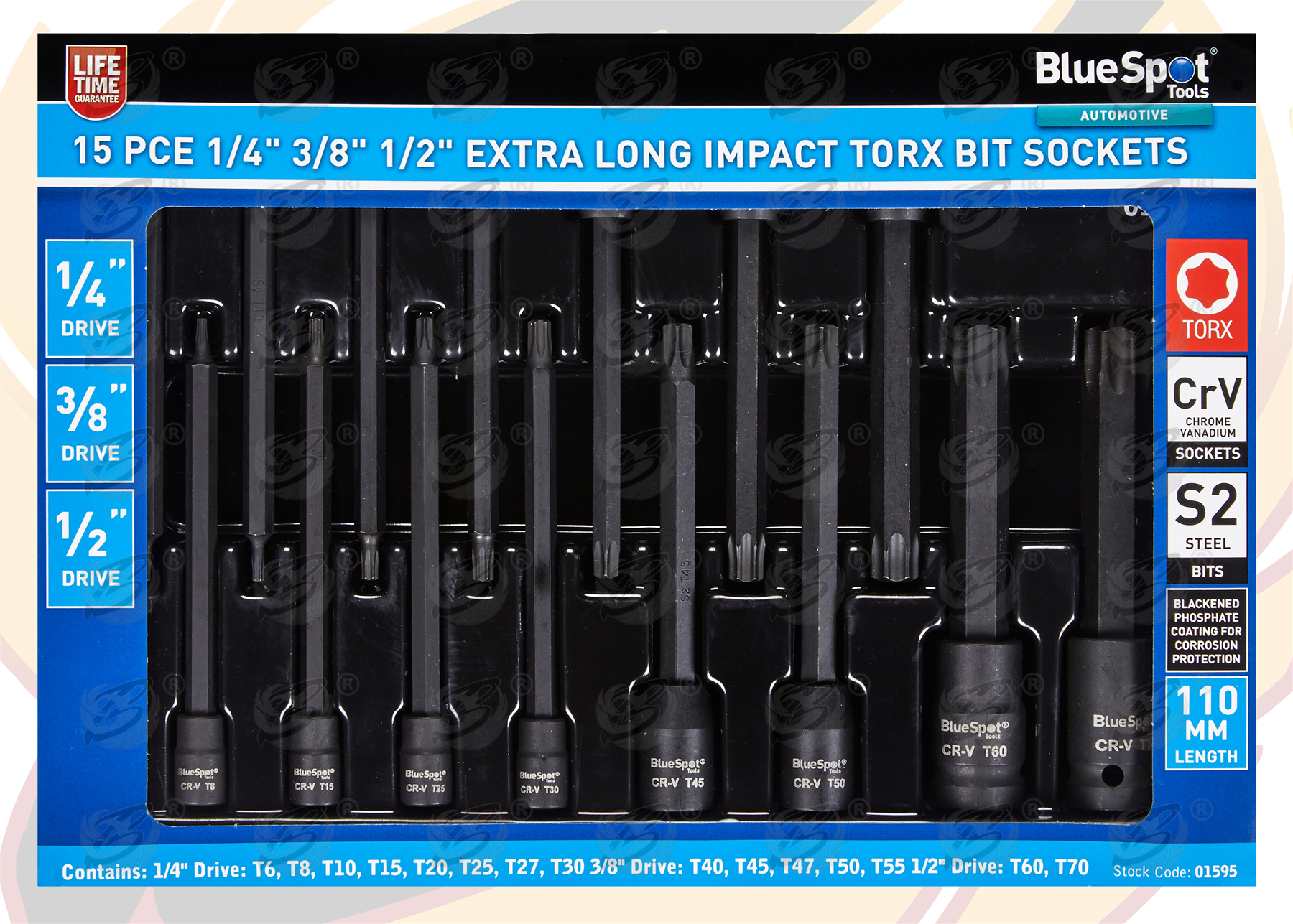 BlueSpot 15 Piece 1/4" & 3/8" & 1/2" Drive Extra Long Impact Torx Bit Sockets T6 - T70 ( 01595 )