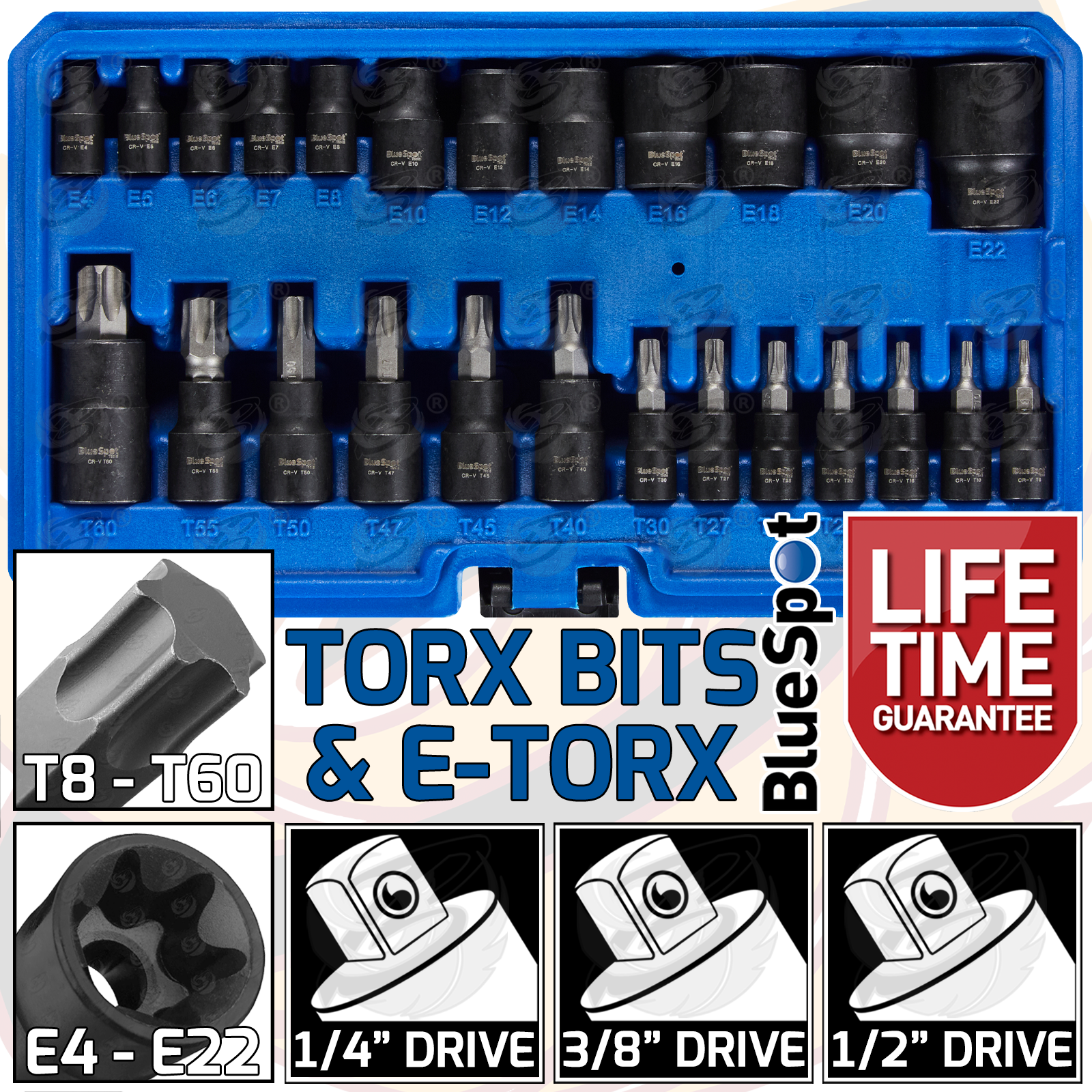 BlueSpot 25 Piece 1/4" & 3/8" & 1/2" Drive Torx & E - Torx Sockets ( E4 - E22 ) ( T8 - T60 ) ( 01587 )