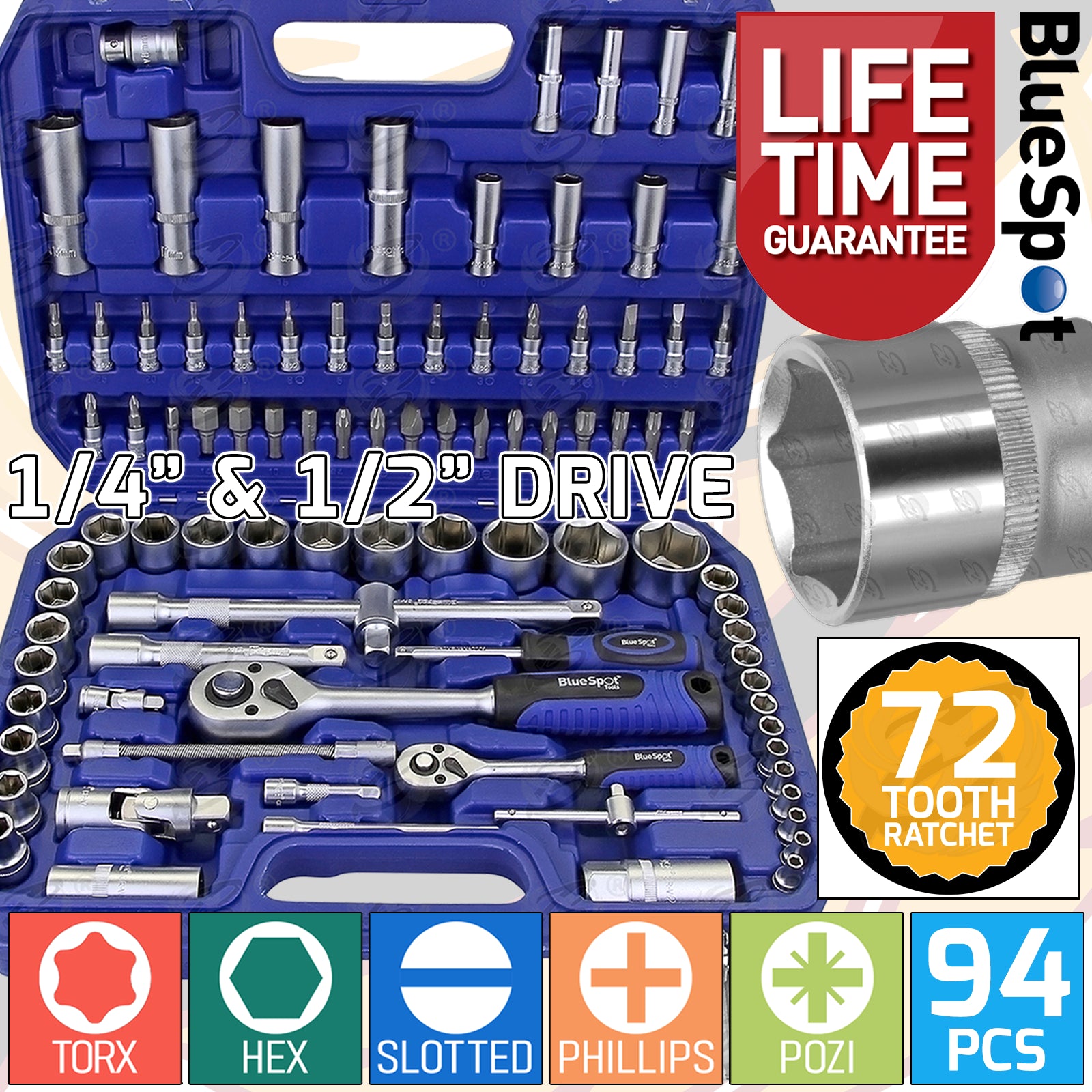BLUESPOT 94PCS 1/4" & 1/2" DRIVE 6 POINT SOCKET SET