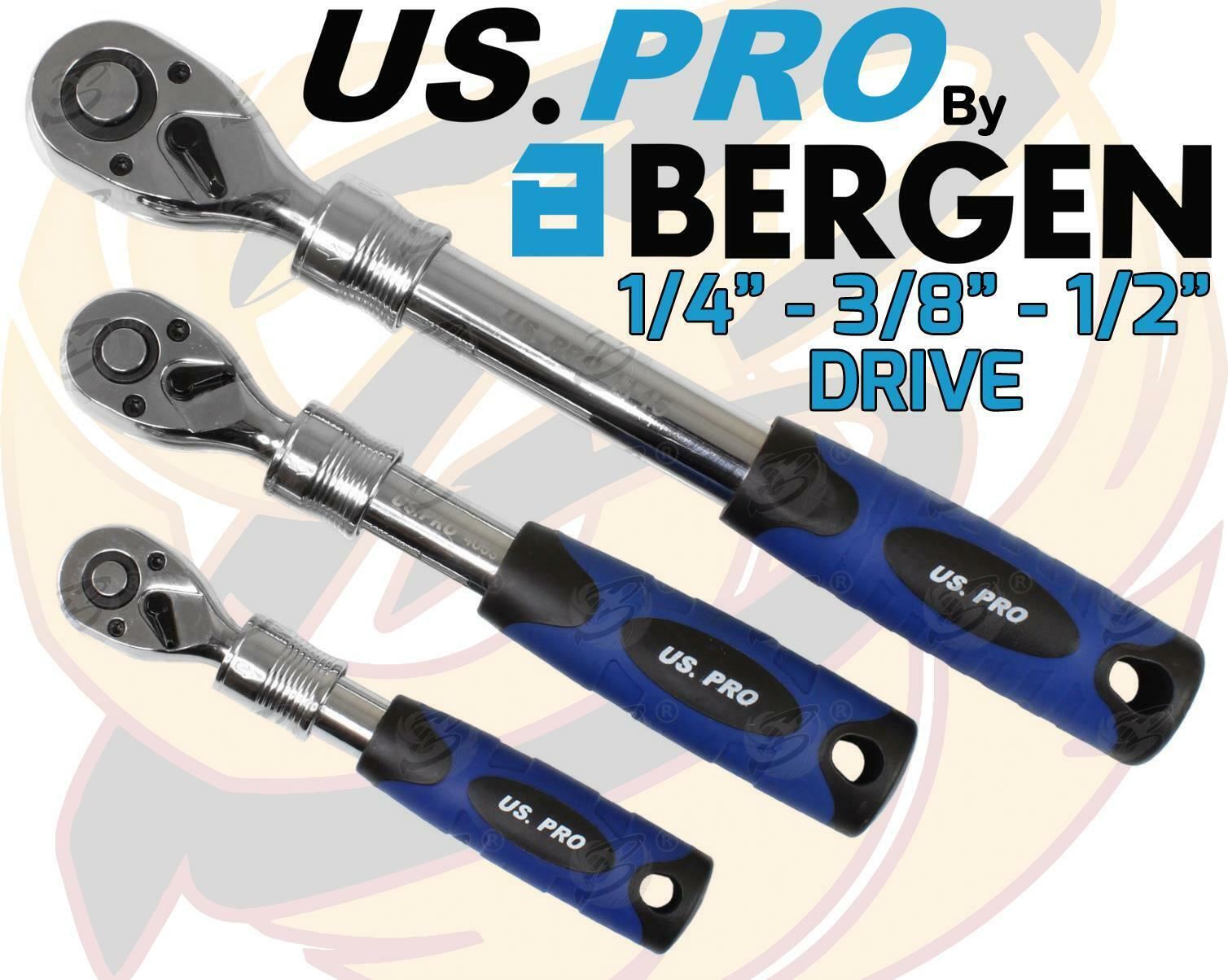 US Pro 3 Piece 1/4" & 3/8" & 1/2" Drive 72 Tooth Extendable Ratchet Handles 4205