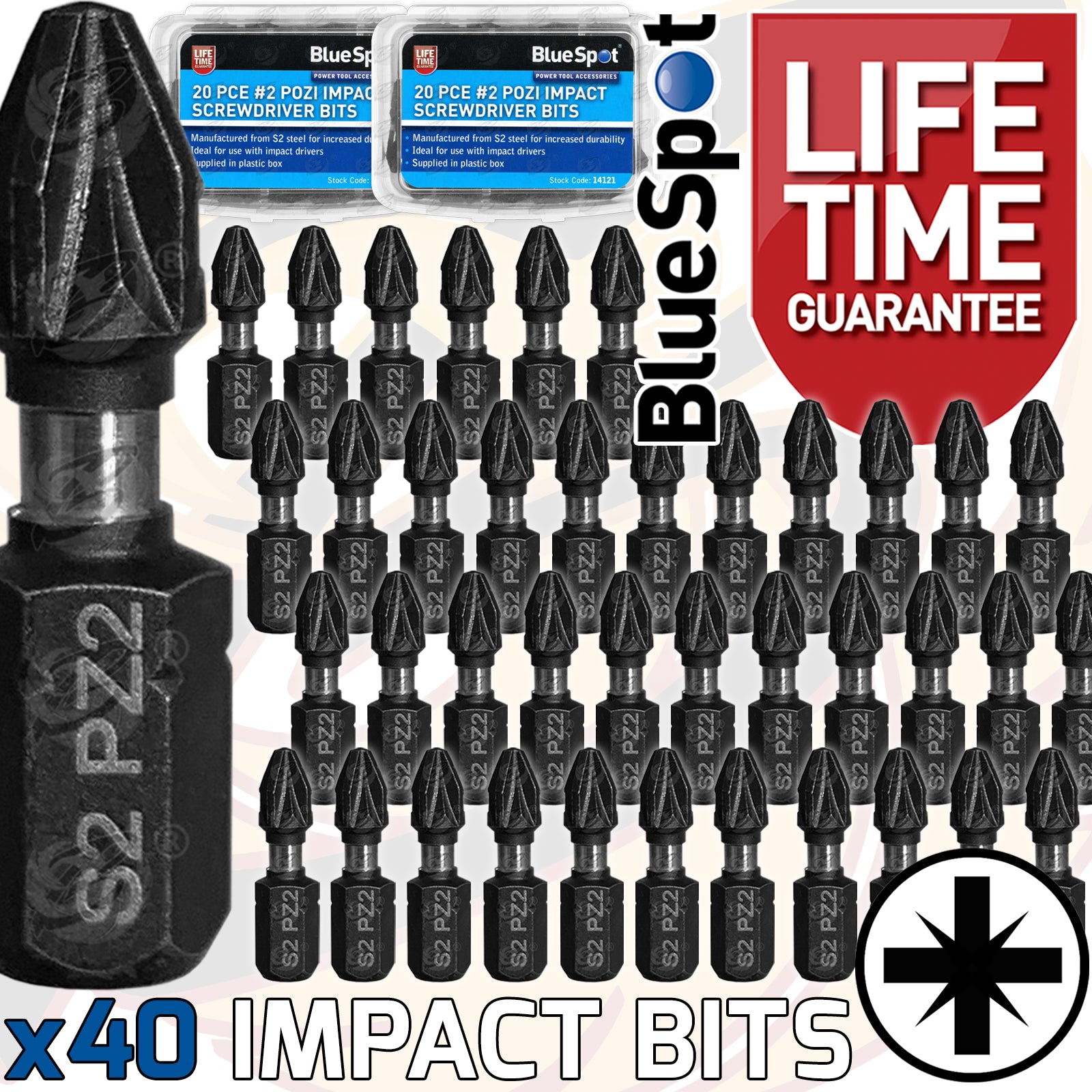 BLUESPOT 40PCS x PZ2 x 25mm IMPACT DRILL / DRIVER BITS