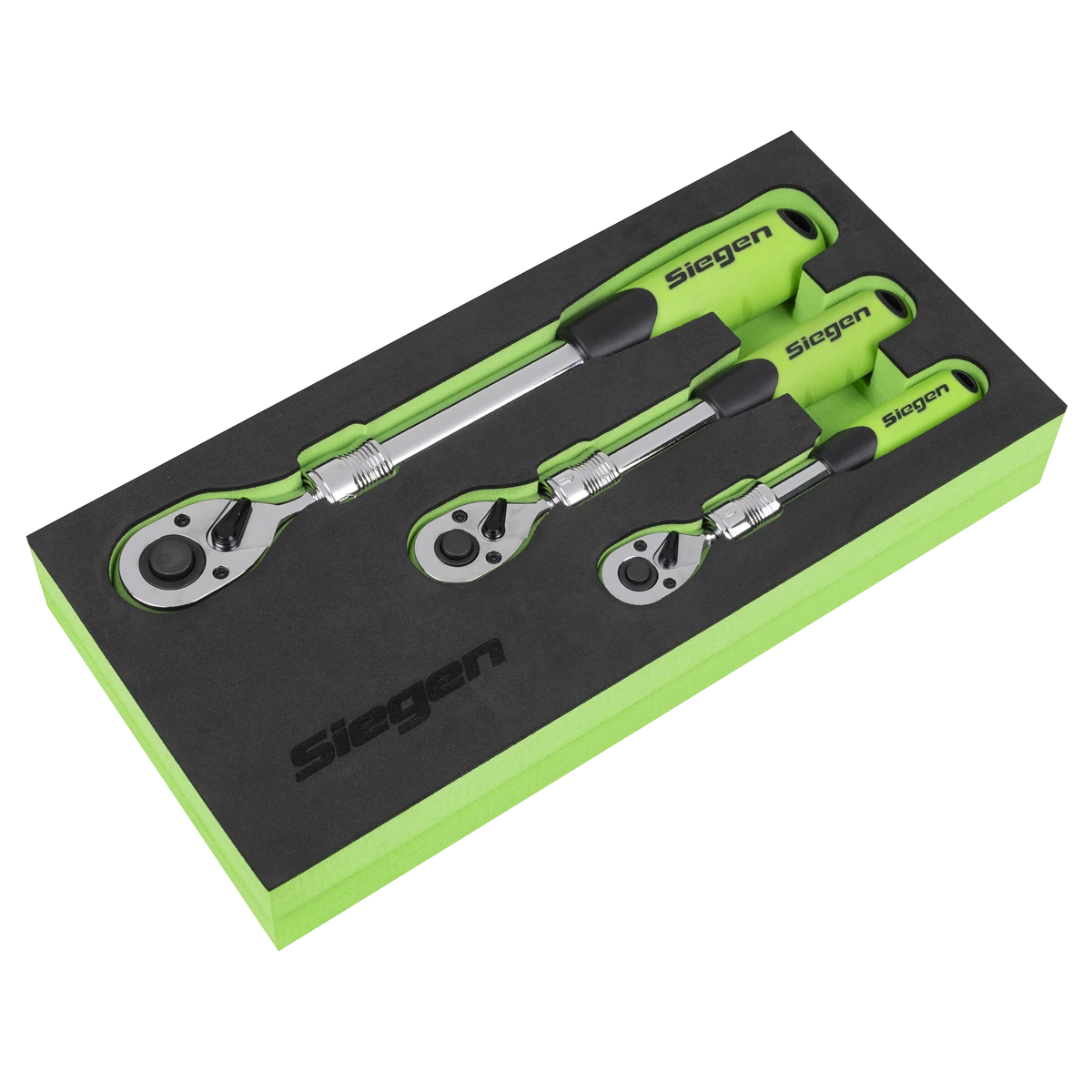 Siegen 3 Piece 1/4" & 3/8" & 1/2" Drive 72 Tooth Extendable Ratchet Handles In EVA Foam Storage Block With A Manufacturers LifeTime Guarantee S01285