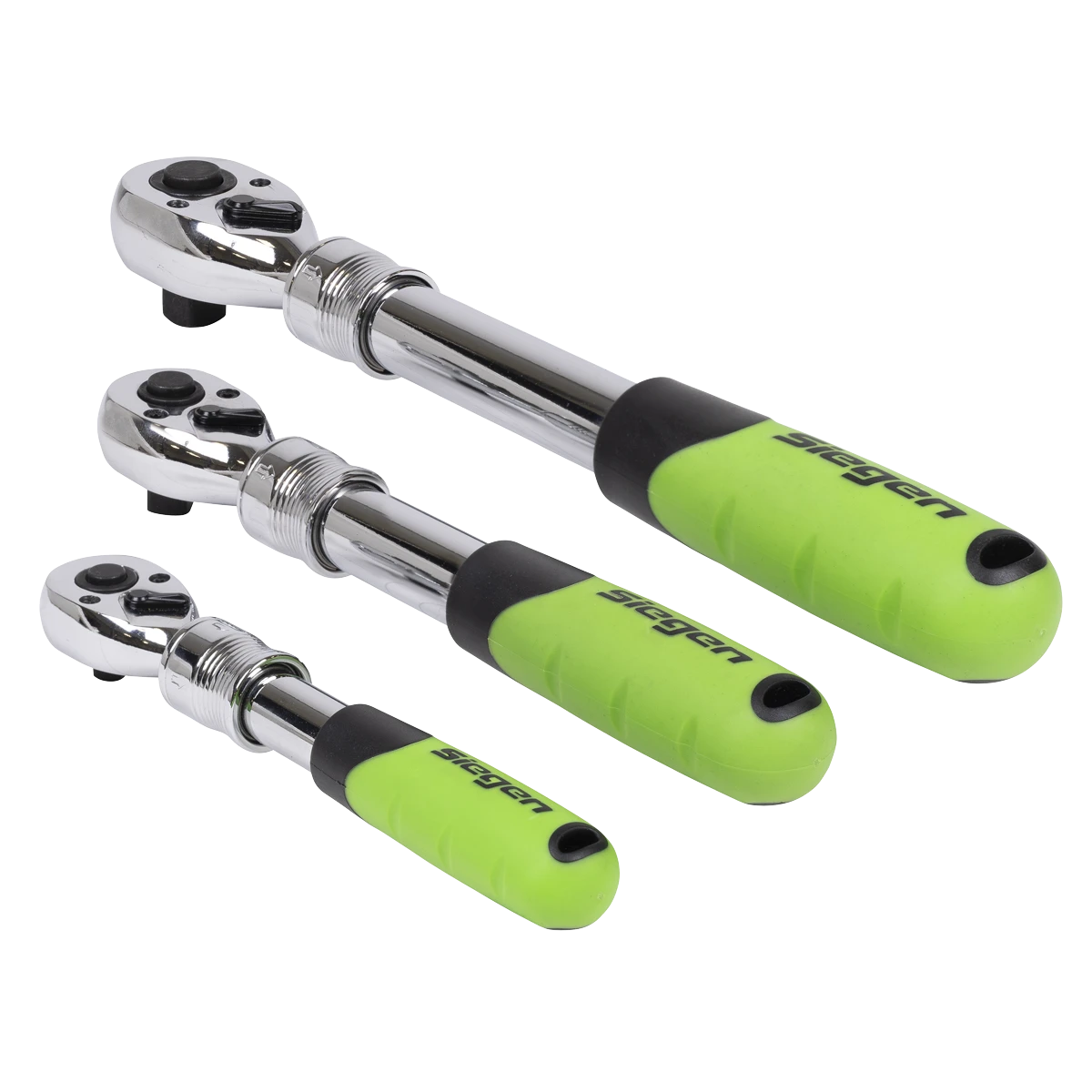 Siegen 3 Piece 1/4" & 3/8" & 1/2" Drive 72 Tooth Extendable Ratchet Handles In EVA Foam Storage Block With A Manufacturers LifeTime Guarantee S01285