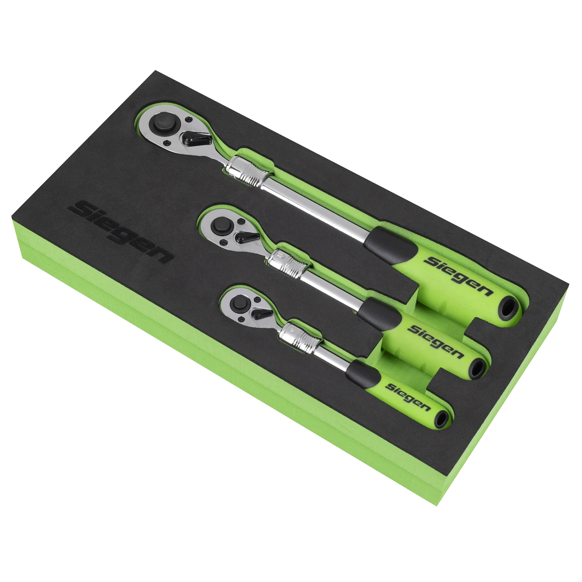Siegen 3 Piece 1/4" & 3/8" & 1/2" Drive 72 Tooth Extendable Ratchet Handles In EVA Foam Storage Block With A Manufacturers LifeTime Guarantee S01285
