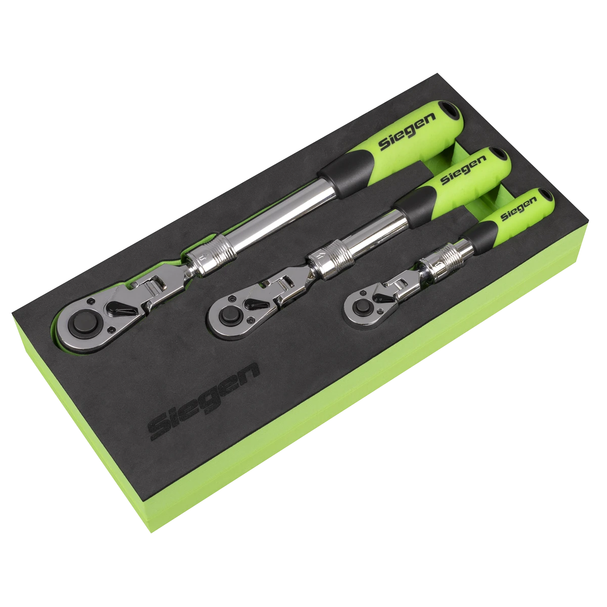 Siegen 3 Piece 1/4" & 3/8" & 1/2" Drive 72 Tooth Flexible Head Extendable Ratchet Handles In EVA Foam Storage Block With A Manufacturers LifeTime Guarantee S01297