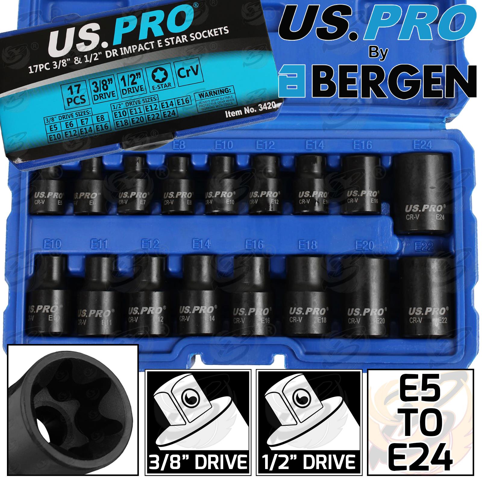 US Pro 17 Piece 3/8" & 1/2" Drive Impact E - Torx Sockets E5 - E24 ( 3420 )