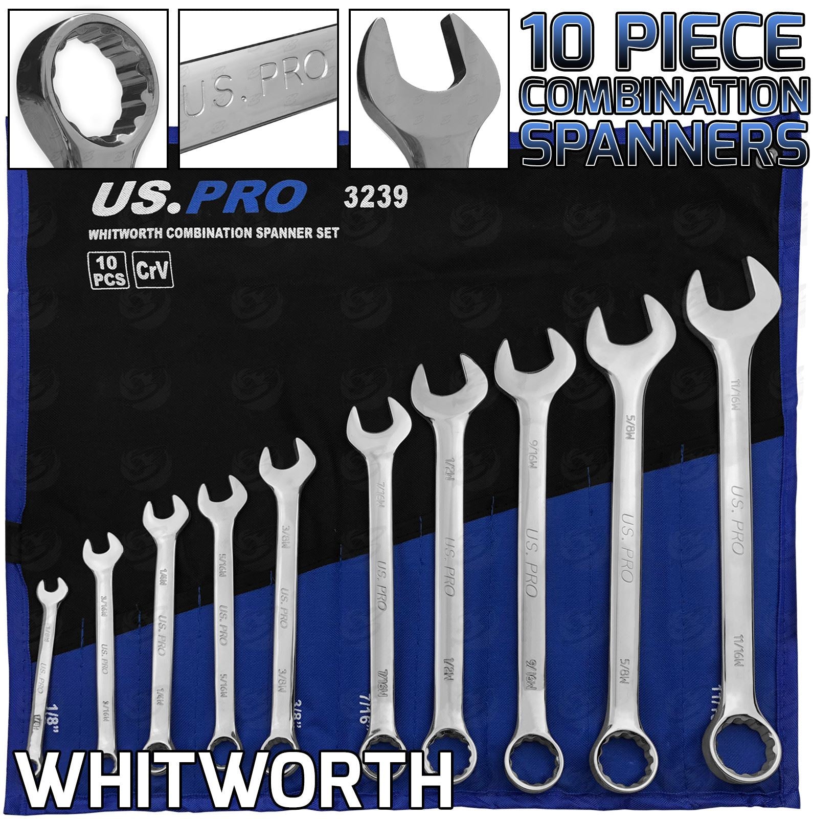 US Pro 10 Piece Whitworth Combination Spanners 1/8" - 11/16" 3239