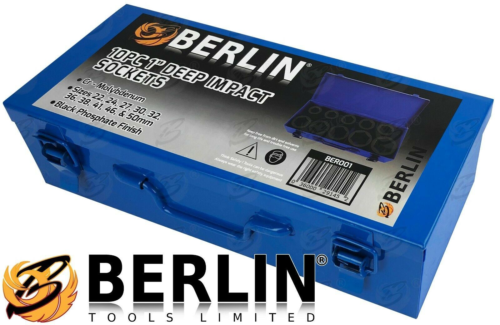 BERLIN 10PCS 1" DRIVE 6 POINT DEEP IMPACT SOCKETS 22MM - 50MM