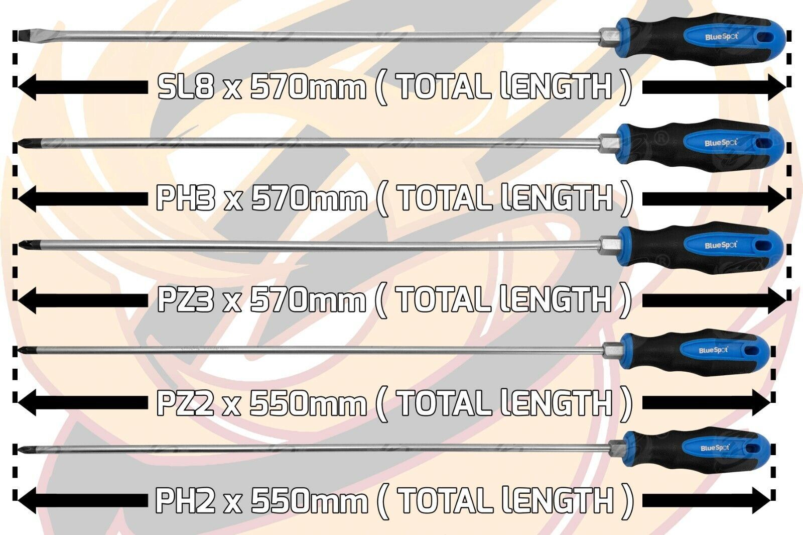BlueSpot 5 Piece Extra Long Magnetic Screwdriver Set ( Slotted - PHillips - Pozidrive ) 12070