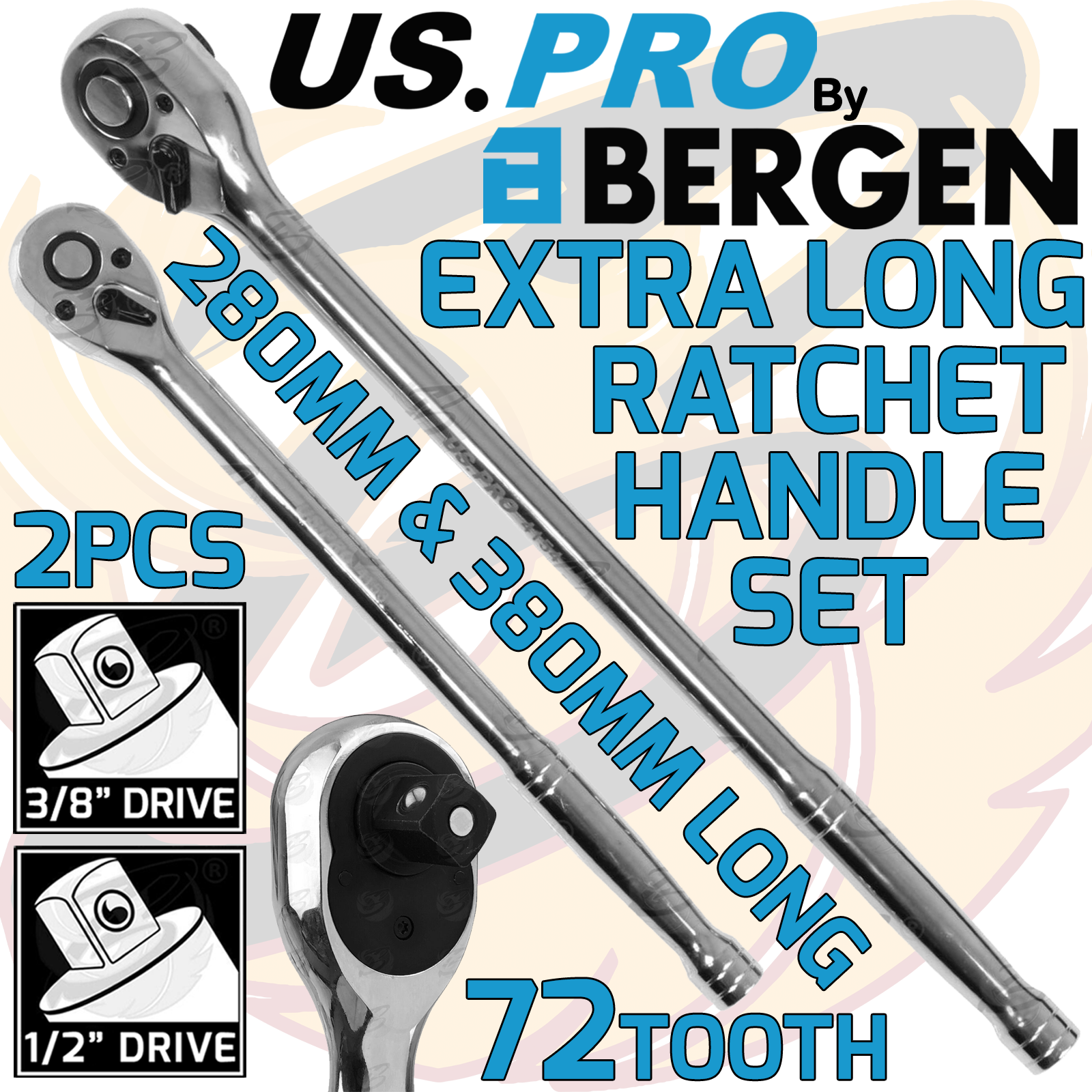 US Pro 2 Piece 3/8" & 1/2" Drive 72 Tooth Extra Long Ratchet Handles ( 4208 )