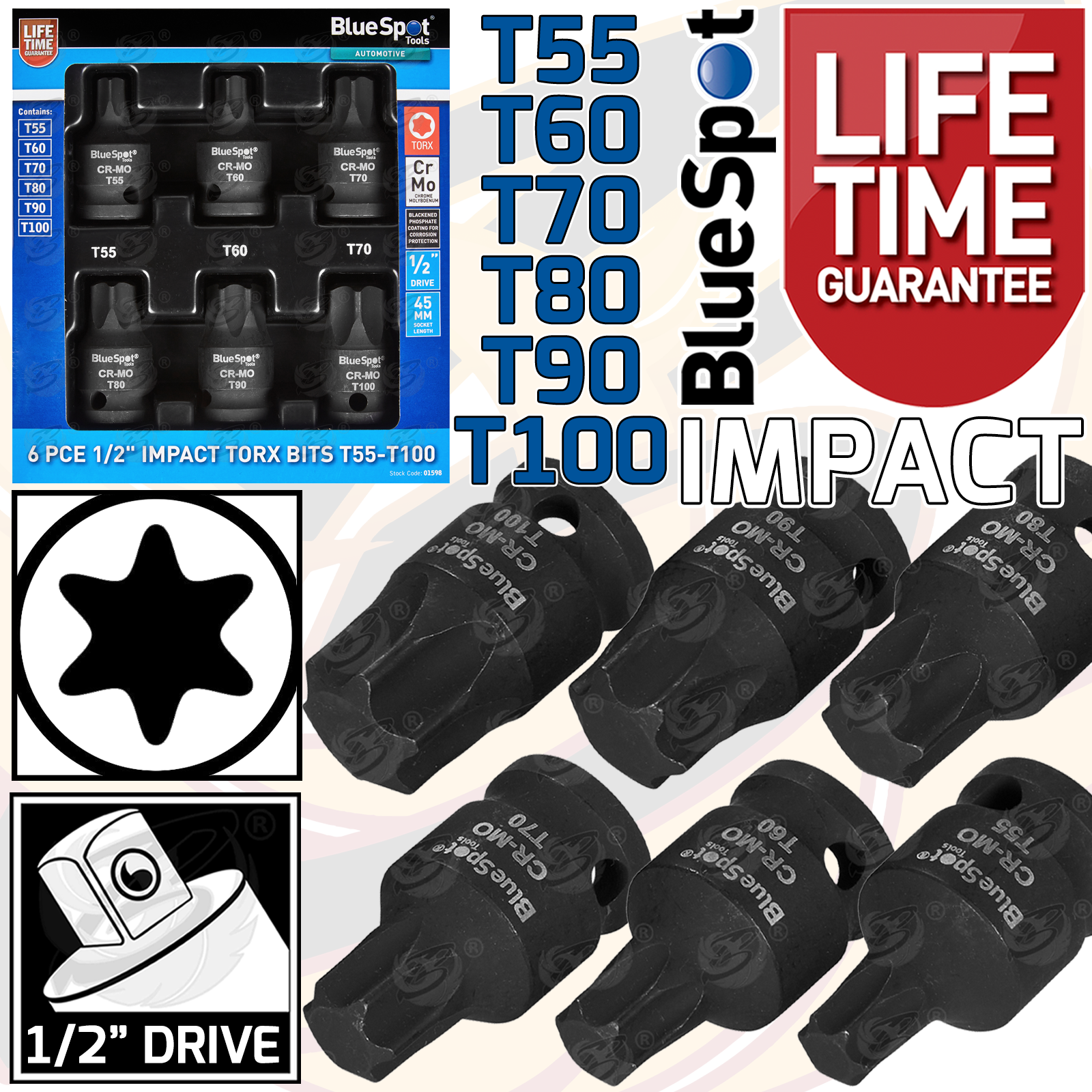 BlueSpot 6 Piece 1/2" Drive Impact Torx Bit Sockets T55 - T100 ( 01598 )