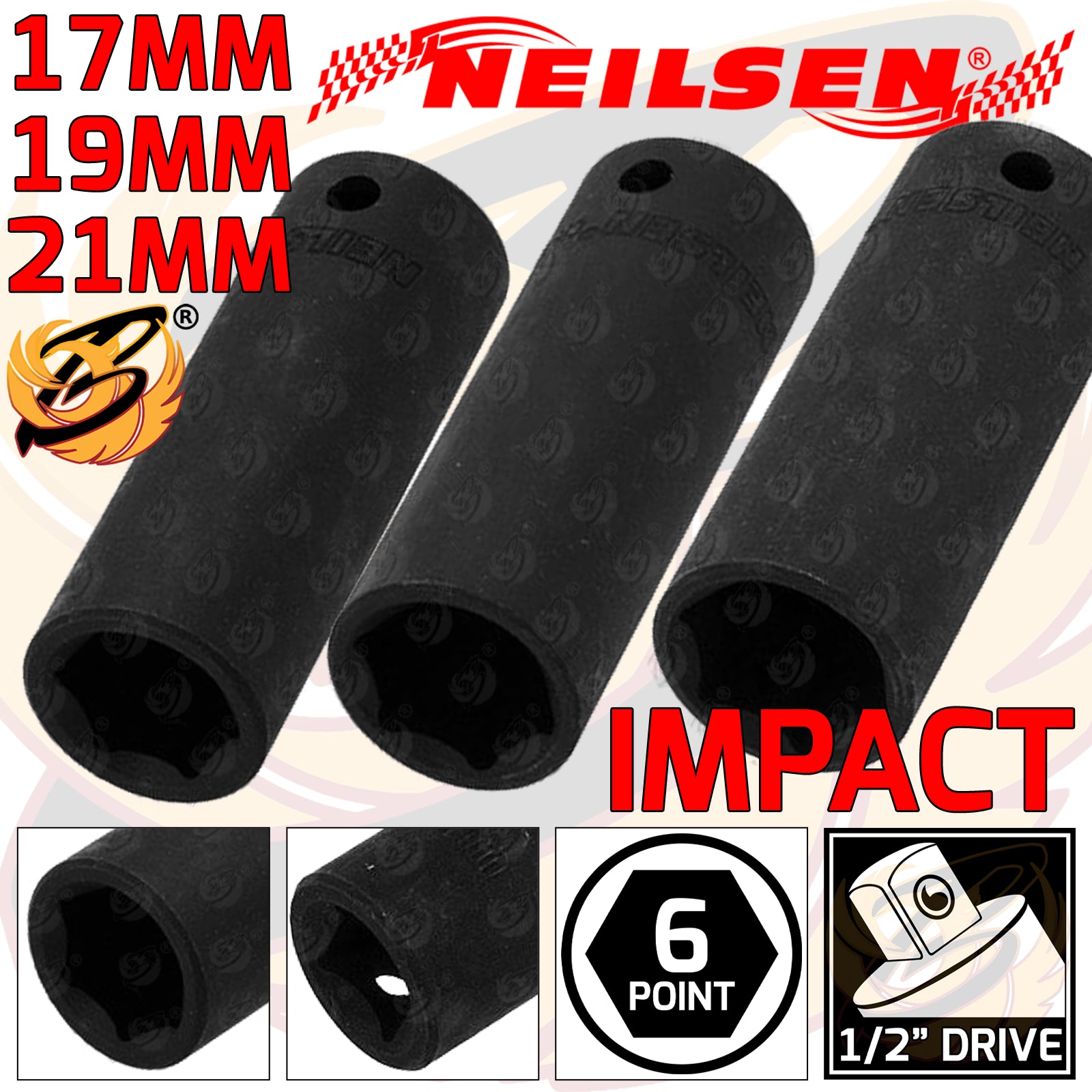NEILSEN 3PCS 1/2" DRIVE 6 POINT DEEP IMPACT SOCKETS 17MM - 19MM - 21MM