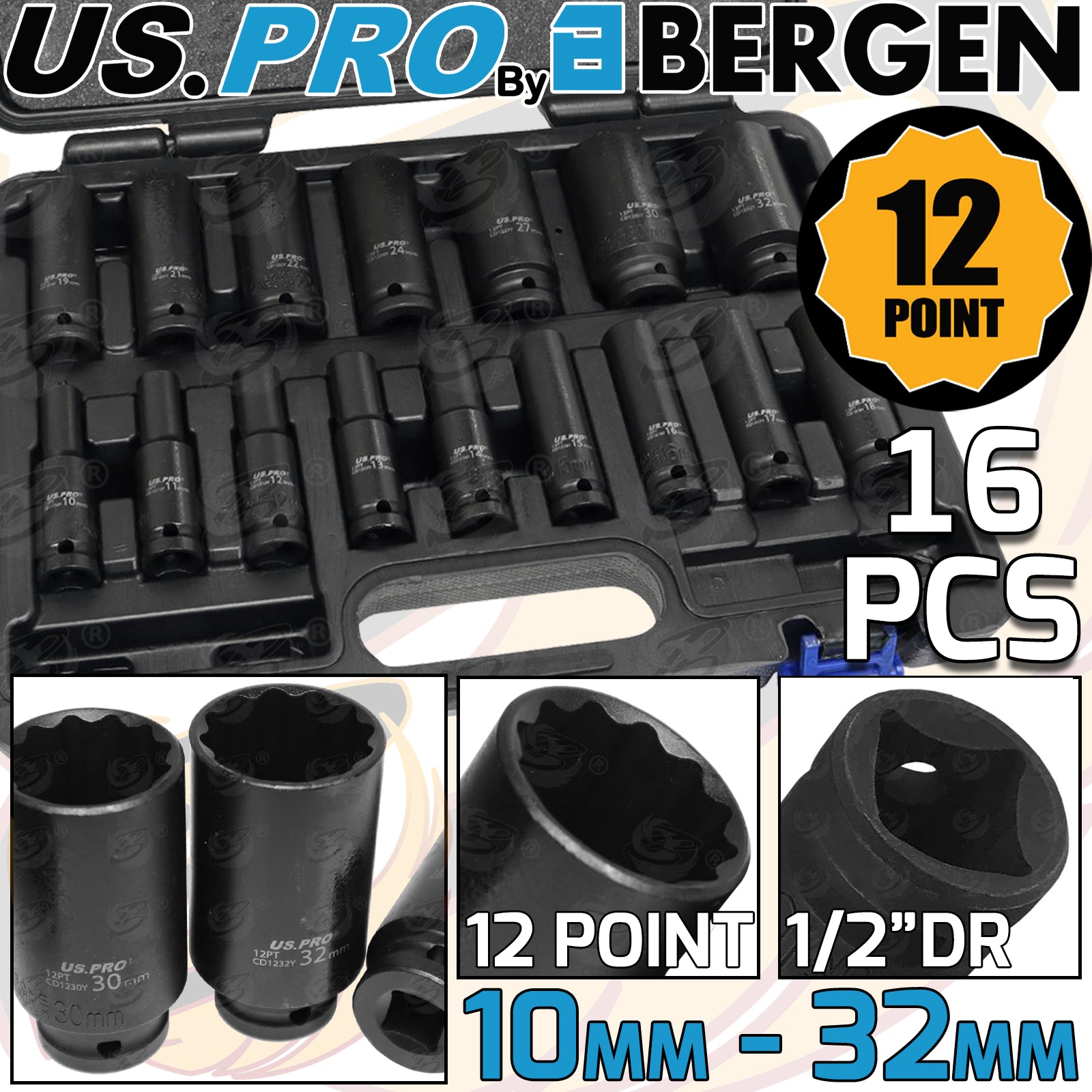 US PRO 16PCS 1/2" DRIVE 12 POINT DEEP IMPACT SOCKETS 10MM - 32MM