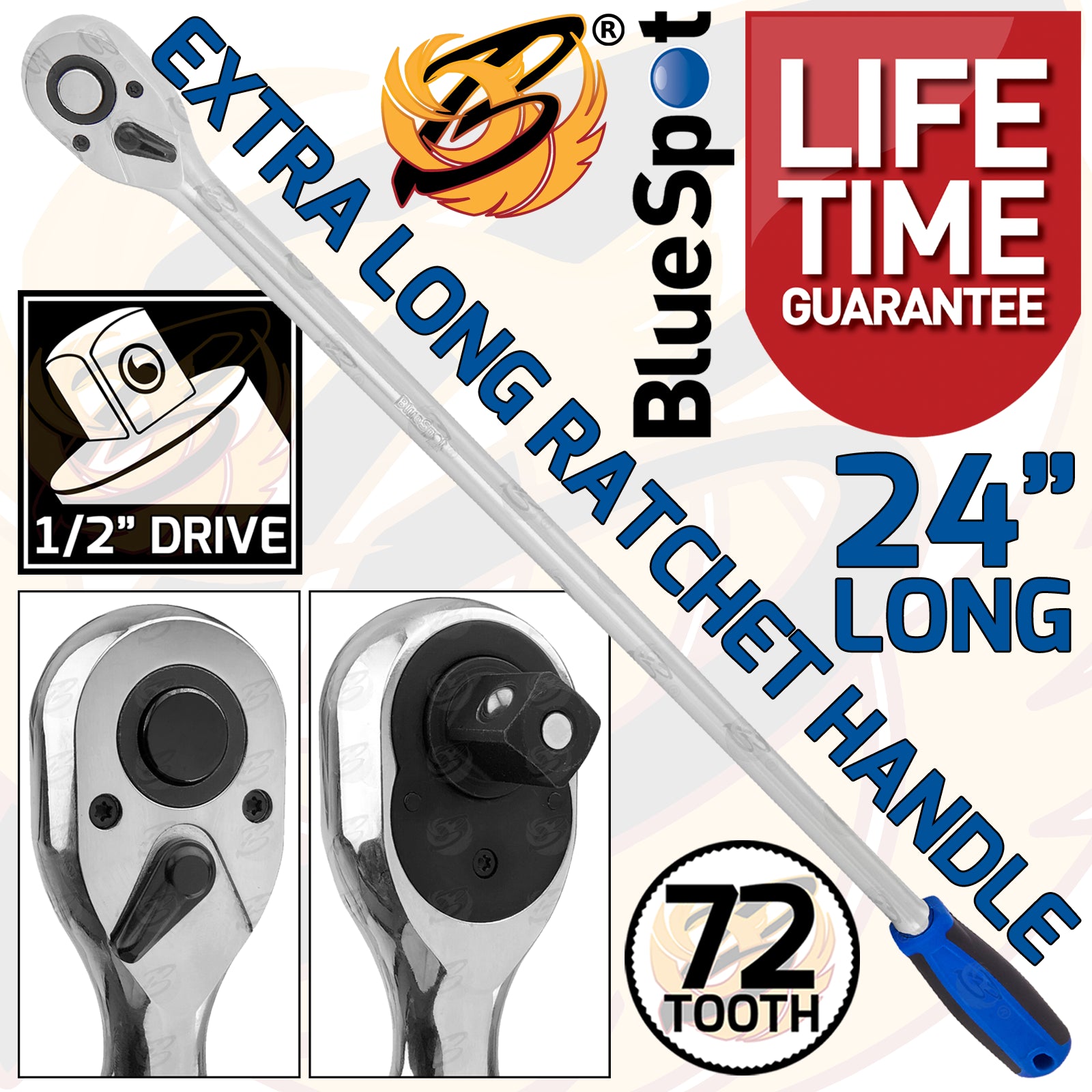 BLUESPOT 1/2" DRIVE 24" LONG 72 TOOTH EXTRA LONG RATCHET HANDLE