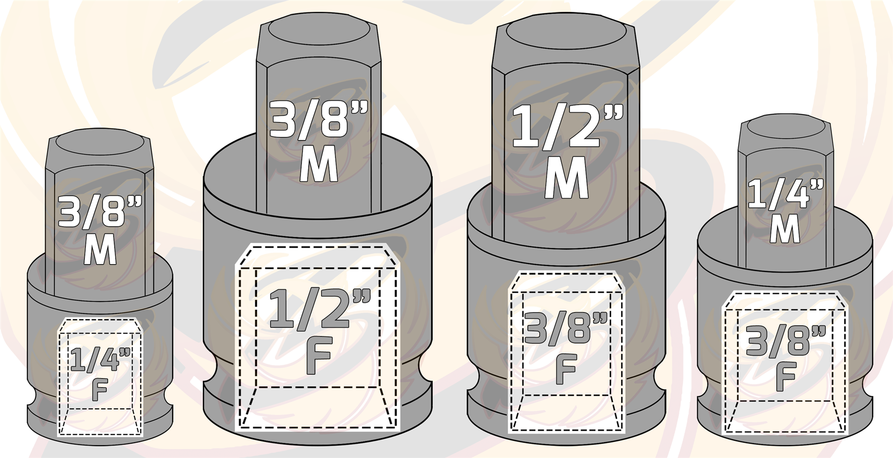 US Pro Industrial 4 Piece Impact Socket Adaptors ( 1/4" - 1/2" ) ( Cr-Mo ) 7553