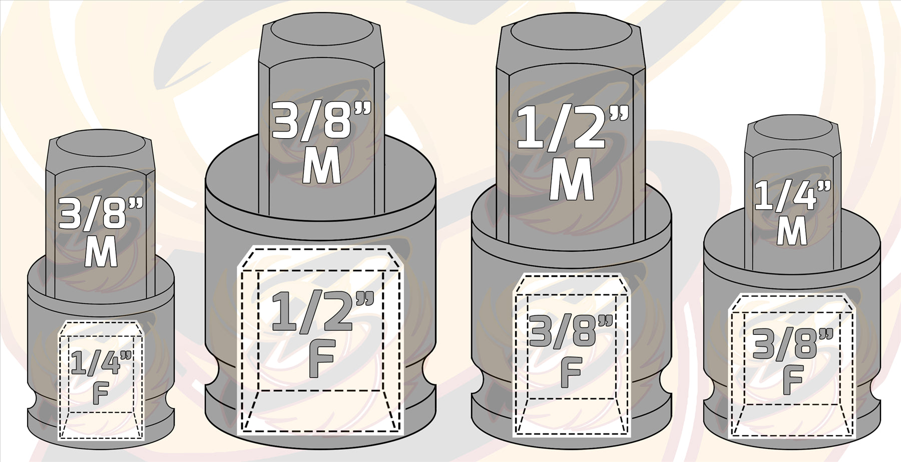 US PRO INDUSTRIAL 4PCS IMPACT SOCKET ADAPTERS ( 1/4" - 1/2" ) ( CR-MO )