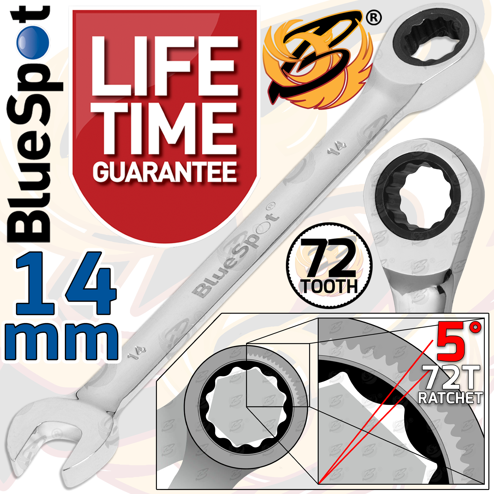 BlueSpot 14mm 72 Tooth Ratchet Spanner ( Single ) 05108