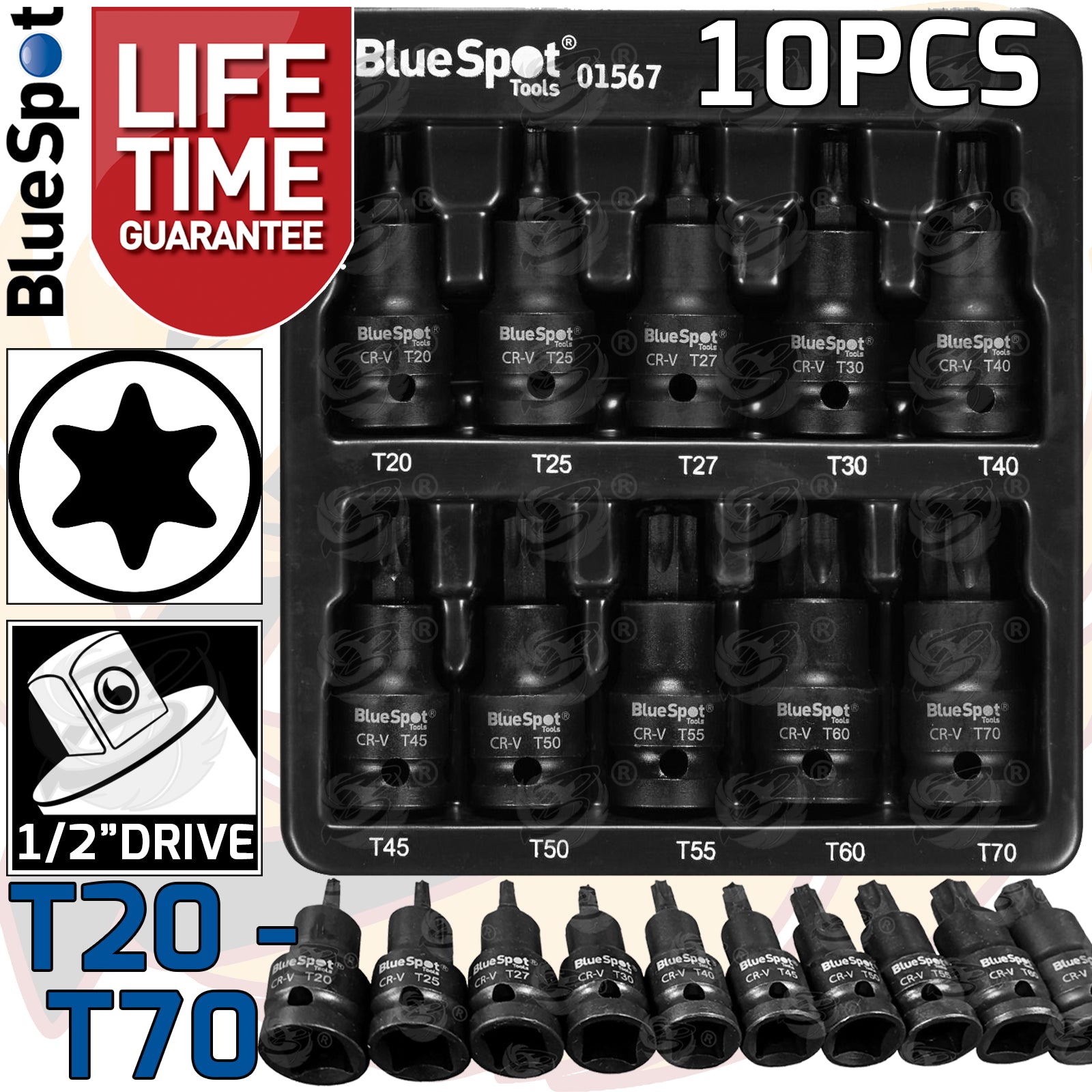 BLUESPOT 10PCS 1/2" DRIVE IMPACT TORX BIT SOCKETS T20 - T70
