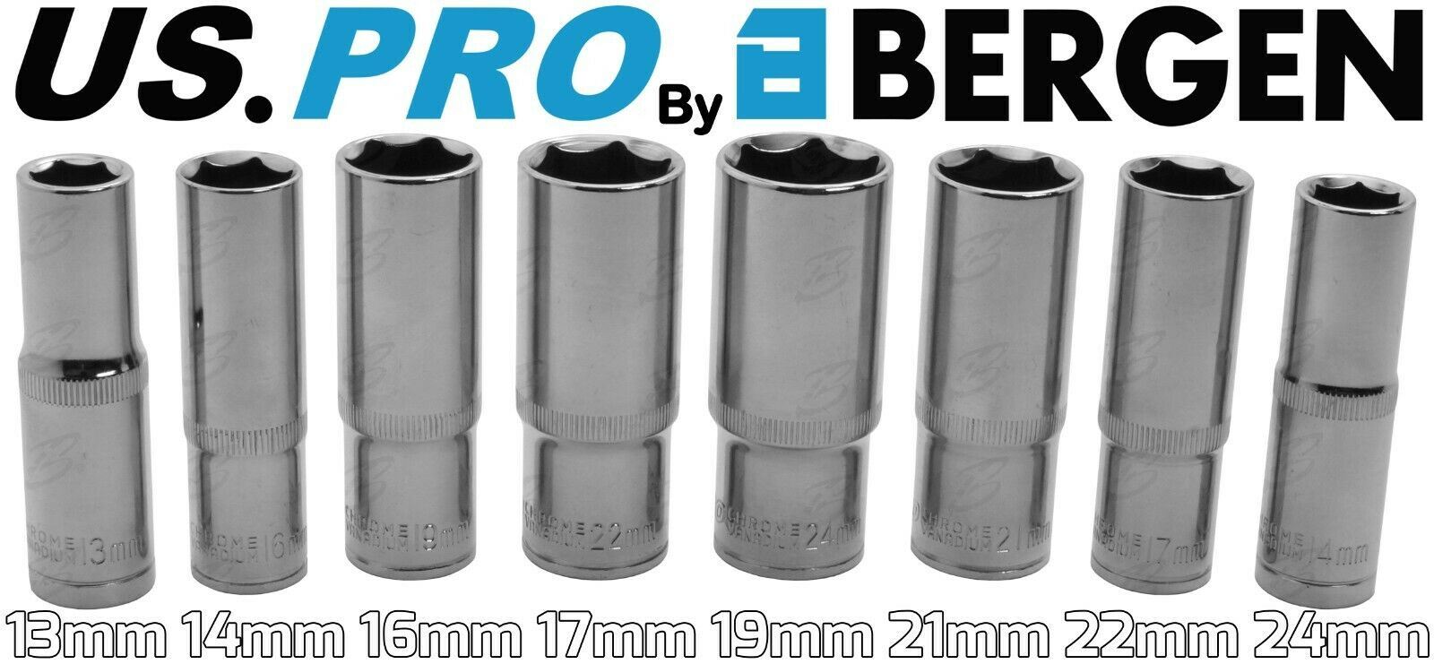 US PRO 8PCS 1/2" DRIVE 6 POINT DEEP SOCKETS 13MM - 24MM