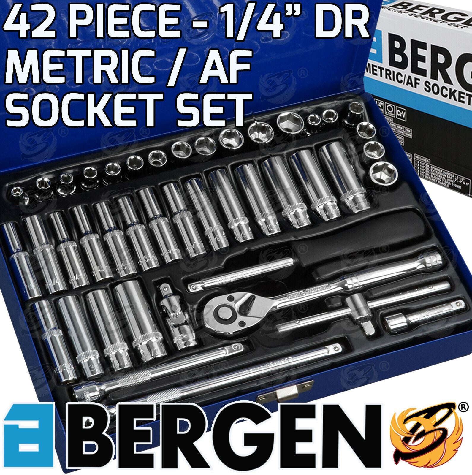 BERGEN 42PC 1/4" DRIVE METRIC & AF SOCKET SET