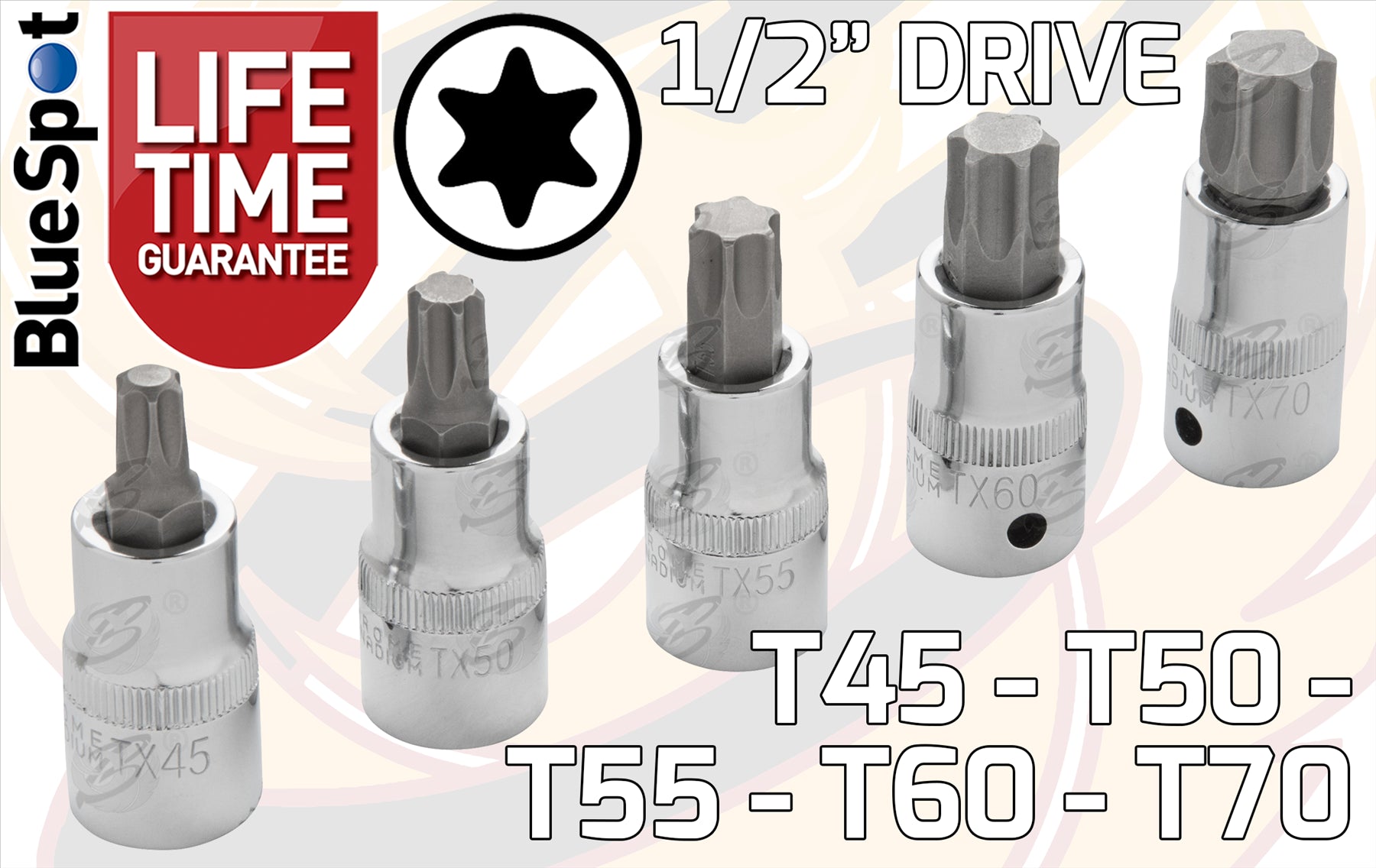 BLUESPOT 15PCS 1/2" DRIVE MIXED BIT SOCKETS ( HEX - TORX - SPLINE )