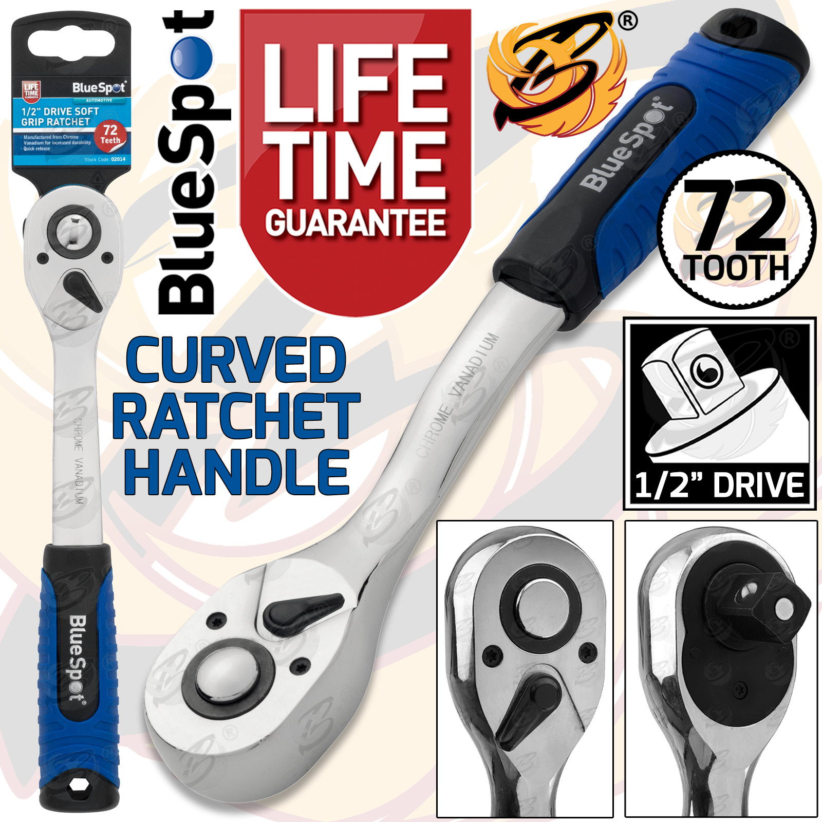 BlueSpot 1/2" Drive 72 Tooth Soft Grip Curved Ratchet Handle ( 02014 )