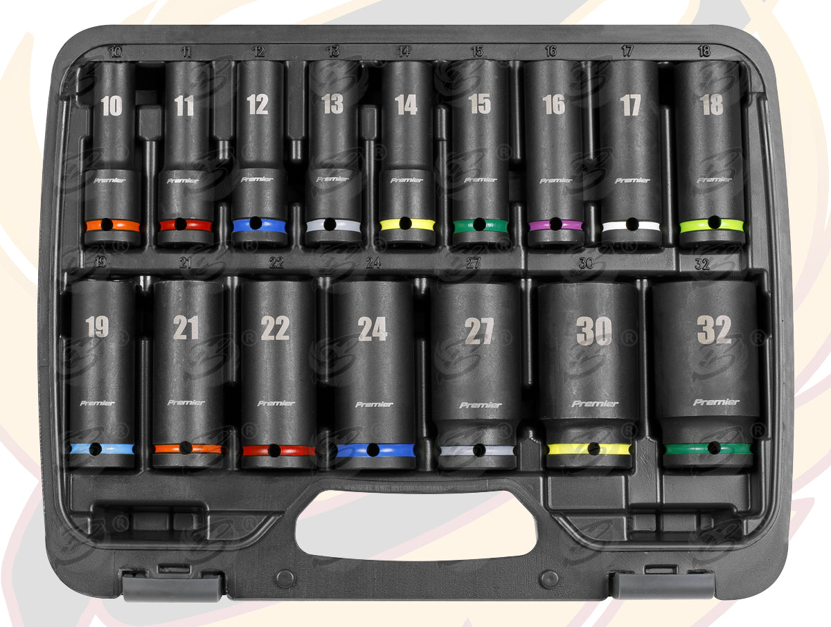 SEALEY 16PCS 1/2" DRIVE 6 POINT DEEP IMPACT SOCKETS 10MM - 32MM