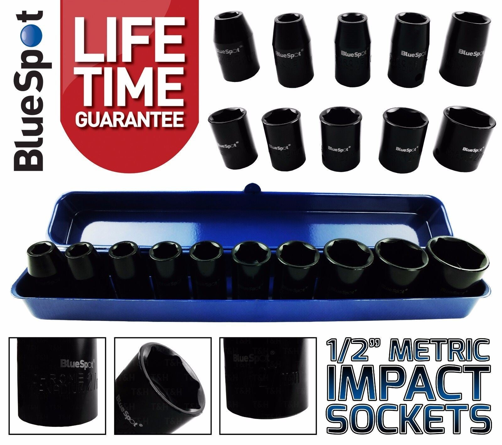 BLUESPOT 10PCS 1/2" DRIVE 6 POINT SHALLOW IMPACT SOCKETS 9MM - 27MM