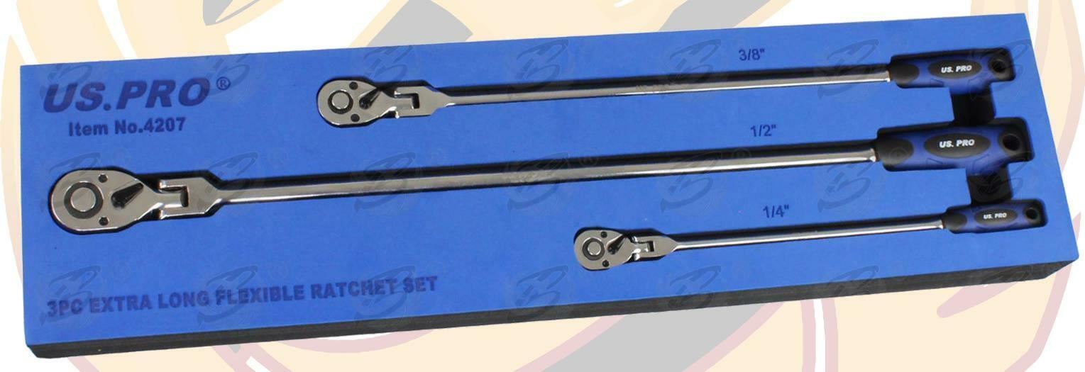 US Pro 3 Piece 1/4" & 3/8" & 1/2" Drive 72 Tooth Flexi Extra Long Ratchet Handles 4207