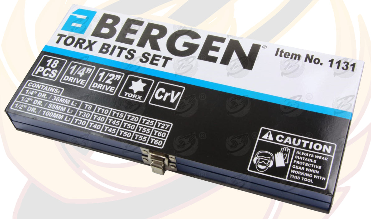 BERGEN 18PCS 1/4" & 1/2" DRIVE TORX BIT SOCKETS T8 - T60