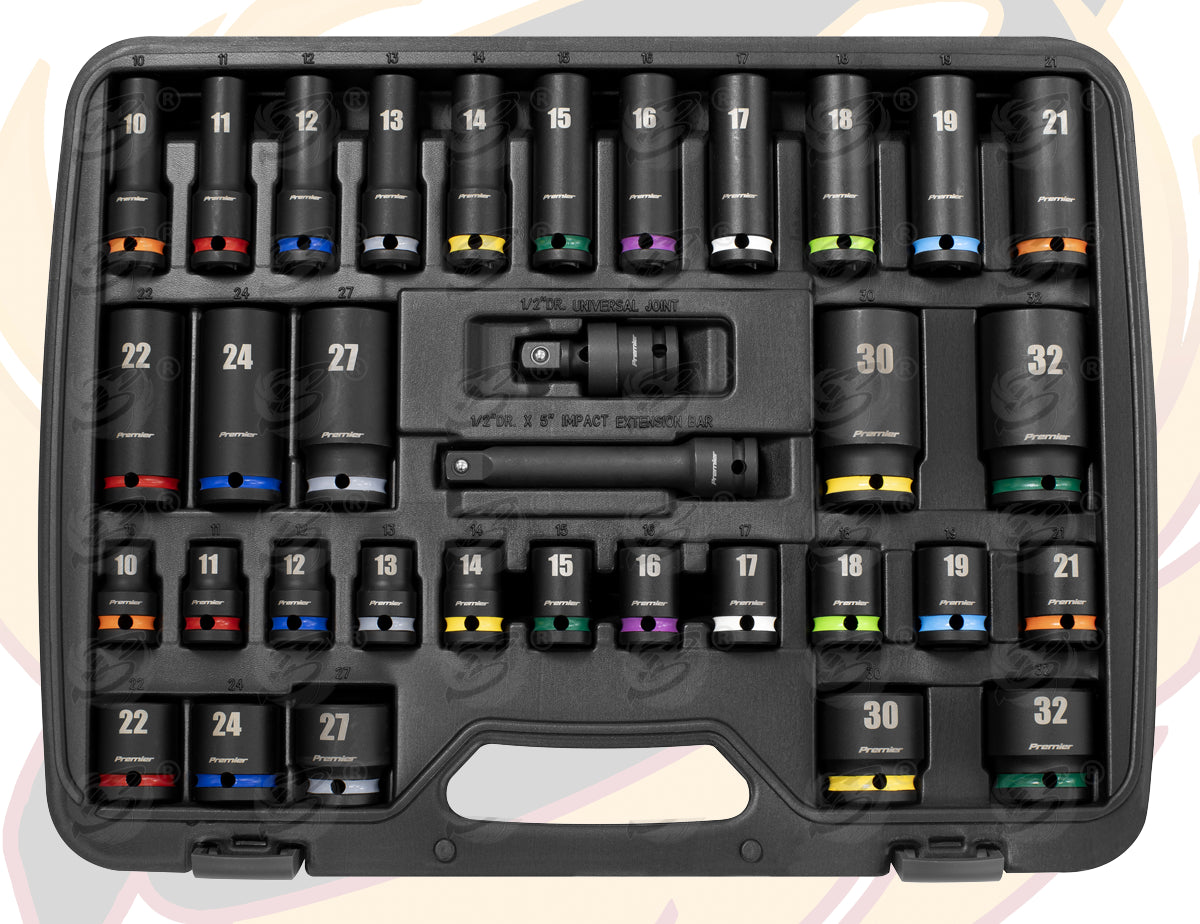 SEALEY 34PCS 1/2" DRIVE 6 POINT DEEP & SHALLOW IMPACT SOCKETS 10MM - 32MM
